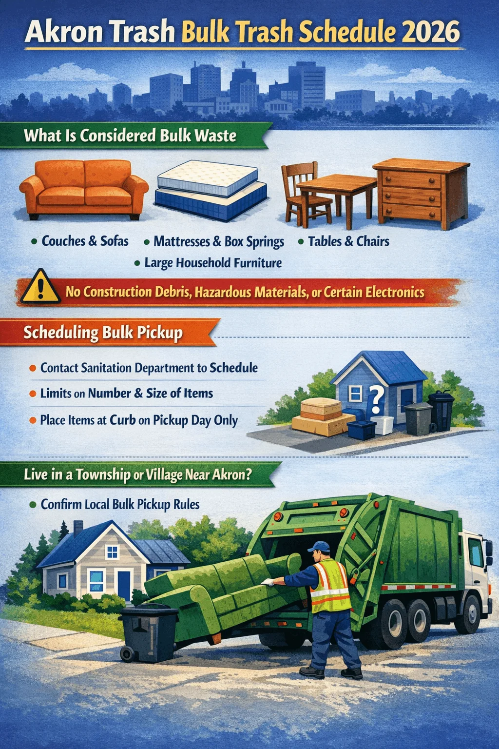Poster titled Akron Trash Bulk Trash Schedule 2026 explaining what is considered bulk waste including couches and sofas mattresses and box springs tables and chairs and large household furniture. It states no construction debris hazardous materials or certain electronics. Scheduling instructions say contact the sanitation department to schedule note limits on number and size of items and place items at the curb on pickup day only. A note advises residents in nearby townships or villages to confirm local bulk pickup rules. Image shows a sanitation worker loading a couch into a garbage truck in a neighborhood.
