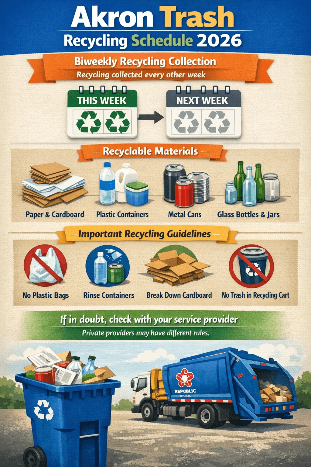 Poster titled Akron Trash Recycling Schedule 2026 explaining biweekly recycling collection every other week with alternating this week and next week calendars. Recyclable materials listed include paper and cardboard plastic containers metal cans and glass bottles and jars. Important recycling guidelines say no plastic bags rinse containers break down cardboard and no trash in recycling cart. Text advises checking with your service provider as private providers may have different rules. Image shows a blue recycling cart filled with recyclables and a recycling truck nearby.