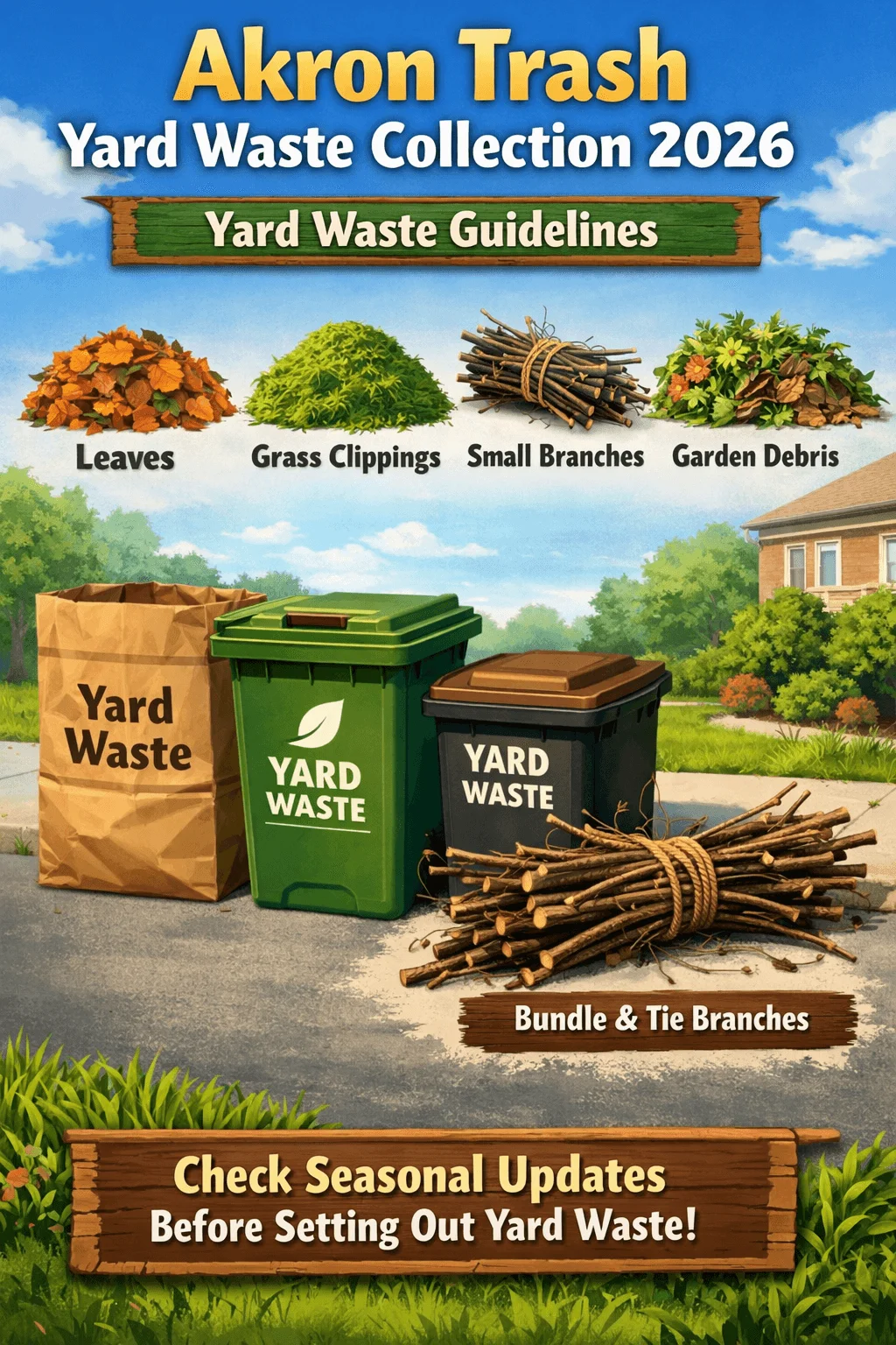 Poster titled Akron Trash Yard Waste Collection 2026 with subtitle Yard Waste Guidelines. It lists accepted materials as leaves grass clippings small branches and garden debris with illustrated piles of each. The image shows a large paper yard waste bag a green yard waste cart and a dark yard waste bin placed at the curb in a residential neighborhood. A bundle of tied branches is shown in front with text that says Bundle and Tie Branches. A notice at the bottom says Check Seasonal Updates Before Setting Out Yard Waste.