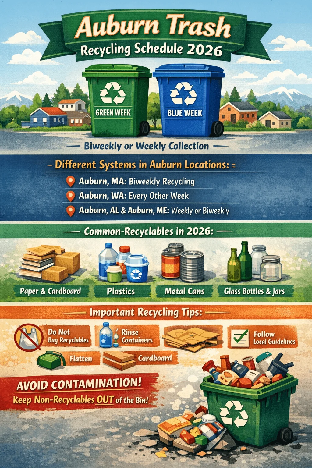 Poster titled Auburn Trash Recycling Schedule 2026 showing green week and blue week carts for biweekly or weekly collection. It lists different systems in Auburn locations including Auburn MA with biweekly recycling Auburn WA every other week and Auburn AL and Auburn ME weekly or biweekly. Common recyclables include paper and cardboard plastics metal cans and glass bottles and jars. Important recycling tips say do not bag recyclables rinse containers flatten cardboard and follow local guidelines. Bottom message says avoid contamination and keep non recyclables out of the bin. Image shows recycling carts and a bin filled with mixed recyclable items.