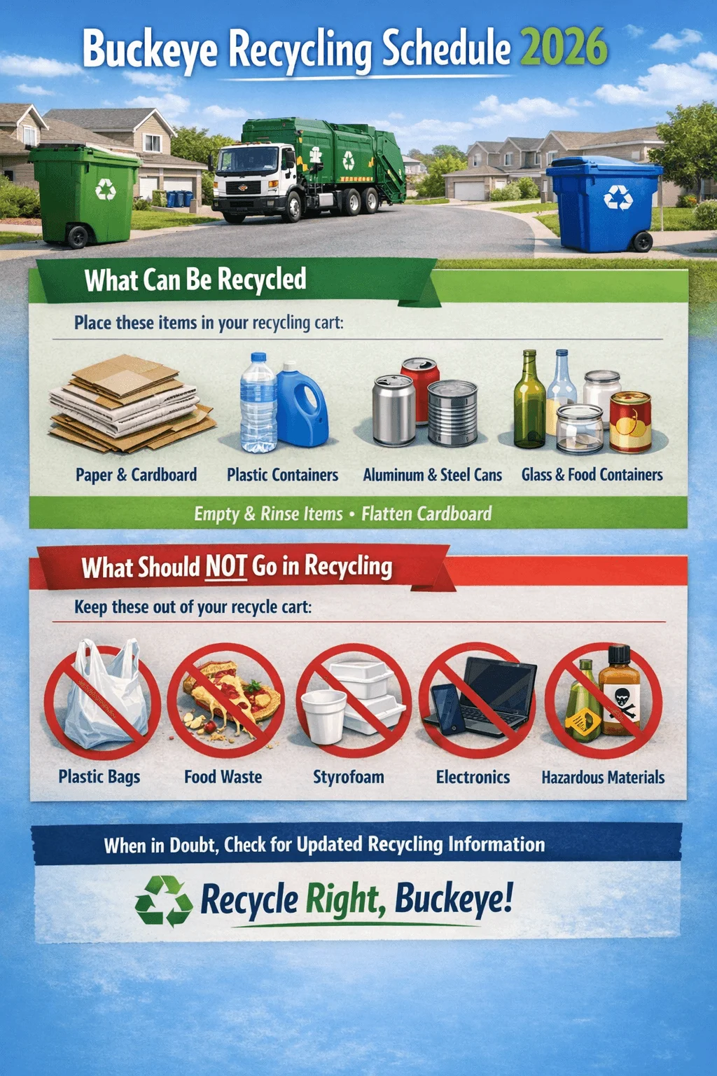 Alt text: Poster for Buckeye titled “Recycling Schedule 2026” showing a recycling truck and carts, listing accepted items such as paper and cardboard, plastic containers, aluminum and steel cans, and glass and food containers, with instructions to empty and rinse items and flatten cardboard, plus a section showing items not allowed including plastic bags, food waste, styrofoam, electronics, and hazardous materials, ending with the message “Recycle Right, Buckeye!”.