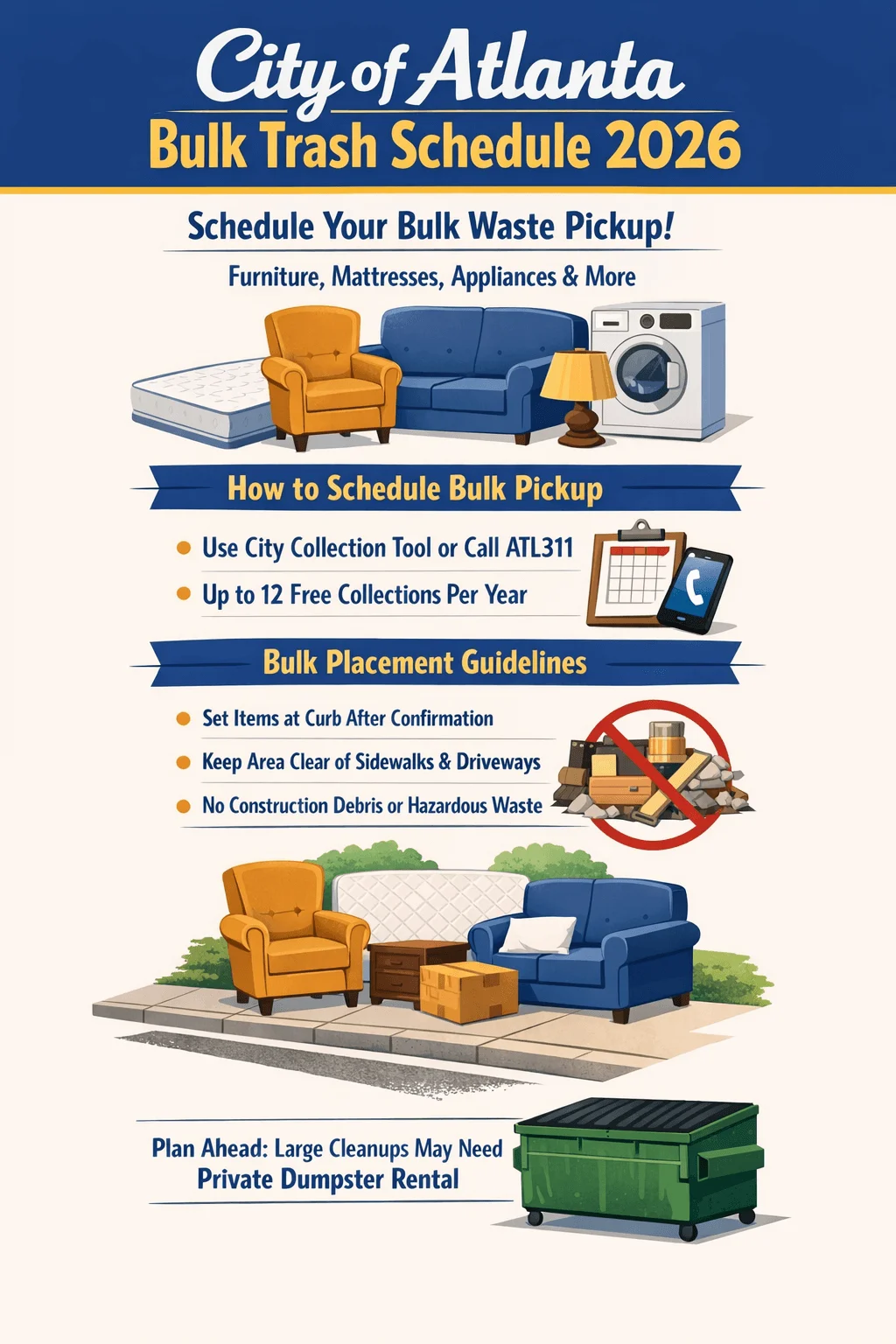 City of Atlanta Bulk Trash Schedule 2026 poster showing how to schedule bulk waste pickup for furniture mattresses appliances and large items use the city collection tool or call ATL311 up to 12 free collections per year set items at the curb after confirmation keep sidewalks and driveways clear no construction debris or hazardous waste and plan ahead for large cleanups that may require private dumpster rental
