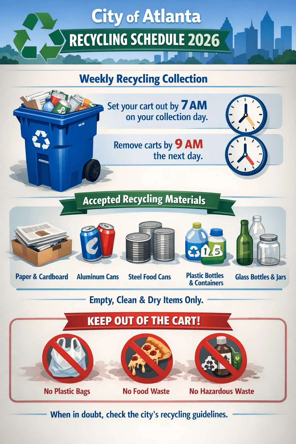 City of Atlanta Recycling Schedule 2026 poster showing weekly recycling collection set recycling cart out by 7 AM on collection day remove carts by 9 AM the next day accepted materials include paper and cardboard aluminum cans steel food cans plastic bottles and containers and glass bottles and jars items must be empty clean and dry keep out plastic bags food waste and hazardous waste and check city recycling guidelines for details