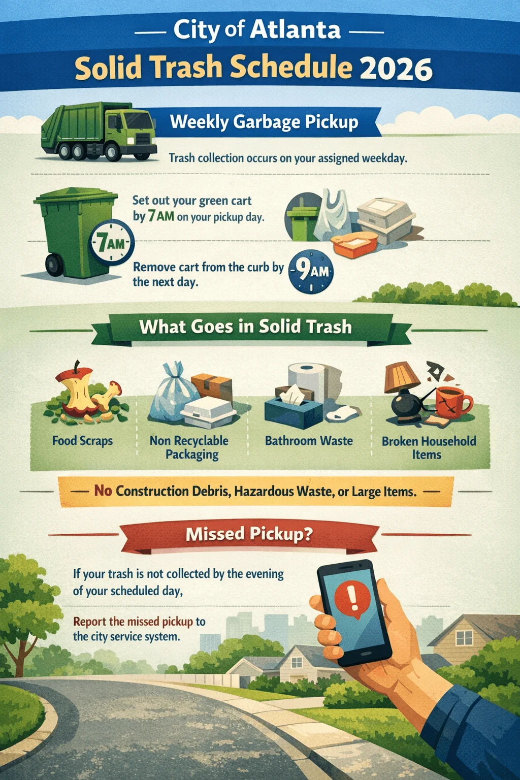 City of Atlanta Solid Trash Schedule 2026 poster showing weekly garbage pickup on assigned weekday set out green cart by 7 AM remove cart after collection what goes in solid trash including food scraps non recyclable packaging bathroom waste and broken household items no construction debris hazardous waste or large items and instructions to report missed pickup through the city service system