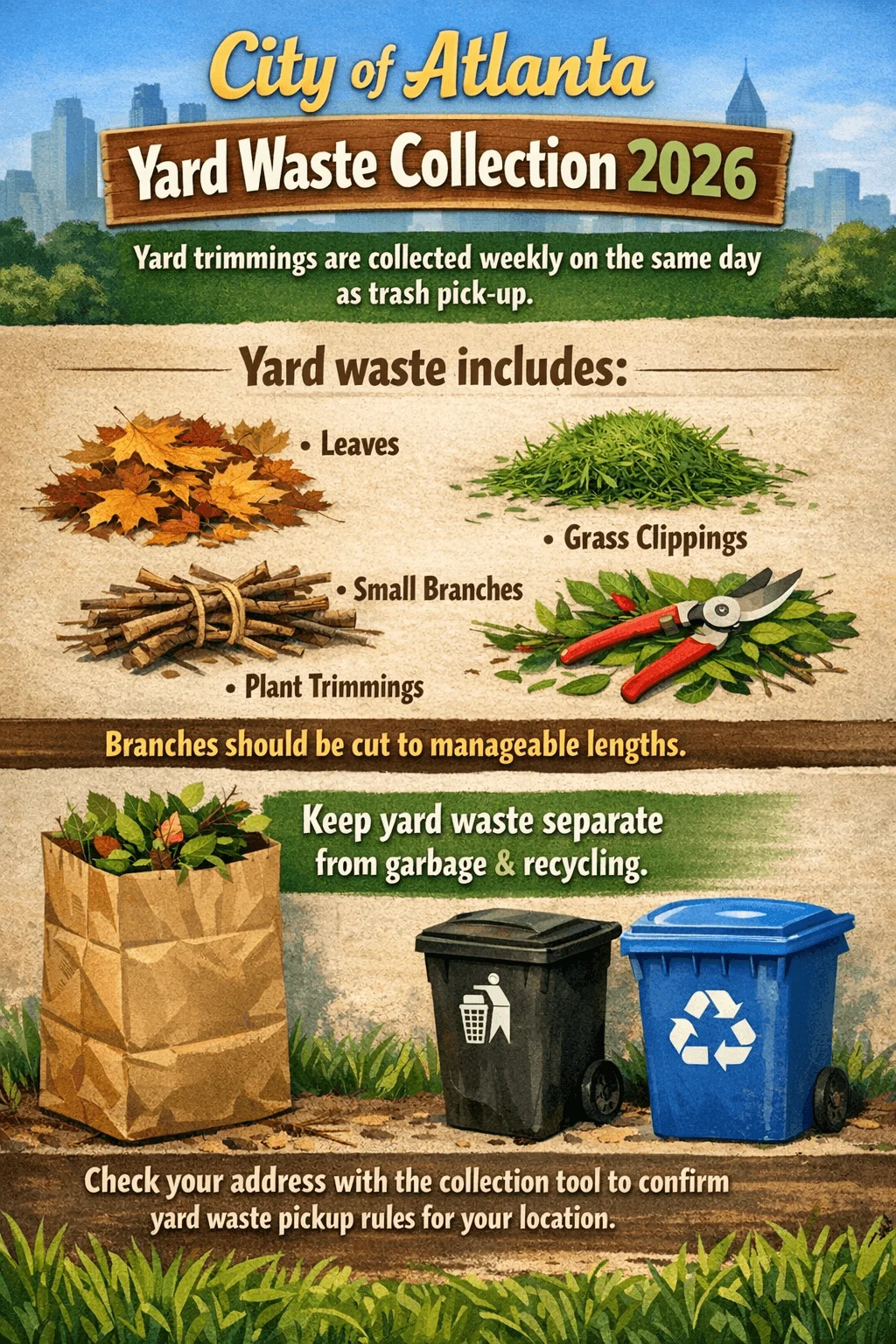 Poster from the Atlanta titled “Yard Waste Collection 2026” showing that yard trimmings are picked up weekly on the same day as trash, with illustrations of leaves, grass clippings, small bundled branches, and plant trimmings; instructions say branches should be cut to manageable lengths, yard waste must be kept separate from garbage and recycling, and residents should check their address with the city collection tool to confirm local rules.