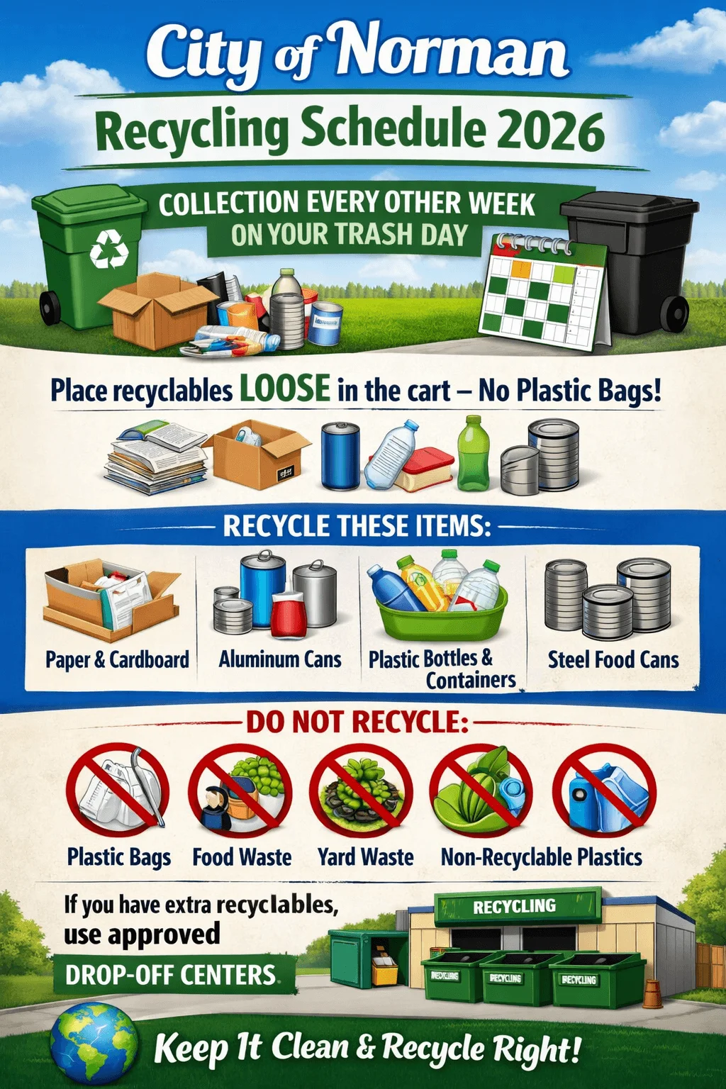 Illustrated infographic titled City of Norman Recycling Schedule 2026 stating that recycling collection occurs every other week on the same day as trash day. Residents should place recyclables loose in the cart with no plastic bags. Accepted items include paper and cardboard, aluminum cans, plastic bottles and containers, and steel food cans. Items that should not be recycled include plastic bags, food waste, yard waste, and non recyclable plastics. If there are extra recyclables, residents are advised to use approved drop off centers. The design features recycling carts, mixed recyclables, a calendar icon, a recycling facility, and a globe graphic.