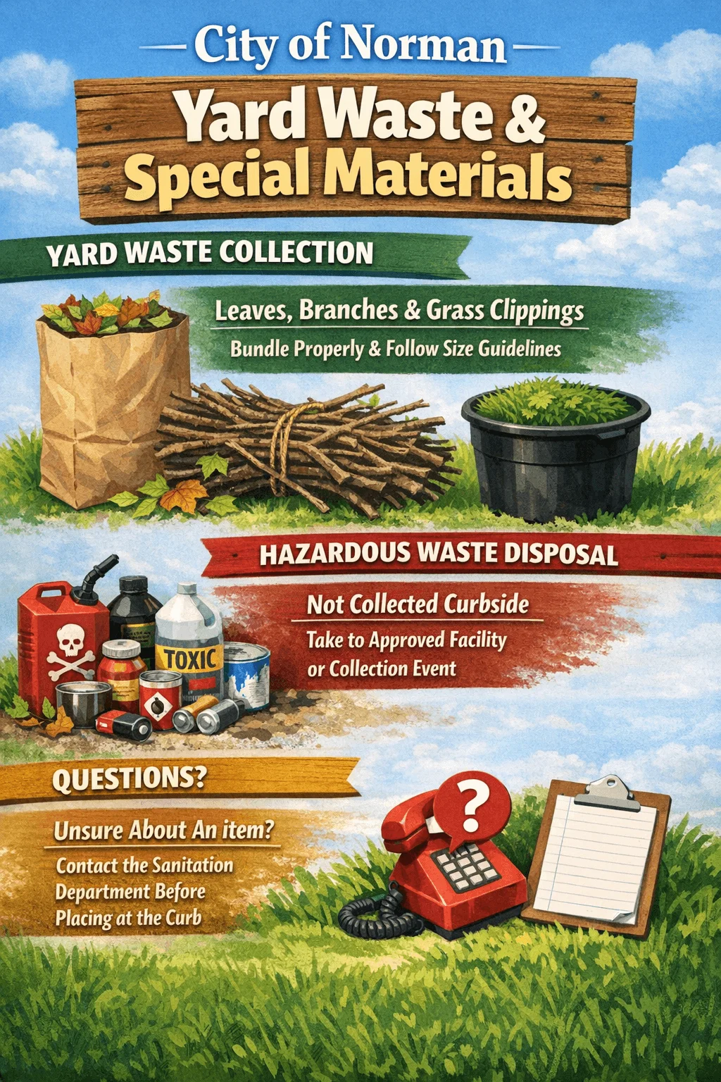 Illustrated infographic titled City of Norman Yard Waste and Special Materials outlining yard waste collection guidelines. Yard waste includes leaves, branches, and grass clippings, which should be bundled properly and follow size guidelines. Hazardous waste is not collected curbside and must be taken to an approved facility or collection event. Residents with questions or who are unsure about an item are advised to contact the Sanitation Department before placing materials at the curb. The design features a paper yard waste bag filled with leaves, bundled branches, a yard waste container, hazardous material containers with warning labels, a red telephone, and a clipboard on a grassy background.