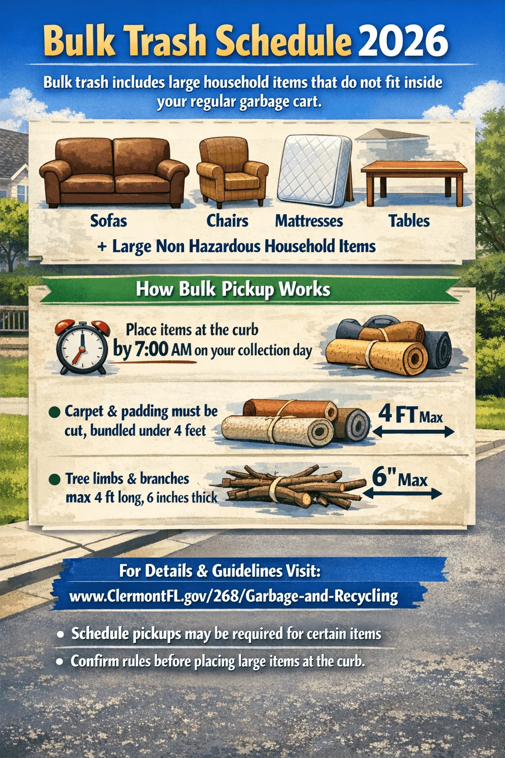 Poster titled “Bulk Trash Schedule 2026” explaining that bulk trash includes large household items like sofas chairs mattresses tables and other large non hazardous items that do not fit in the regular garbage cart with instructions to place items at the curb by 7:00 AM on collection day carpet and padding must be cut and bundled under 4 feet tree limbs and branches must be no more than 4 feet long and 6 inches thick and a website link for Clermont Florida garbage and recycling details plus notes that some items may require scheduled pickup and to confirm rules before placing items at the curb.