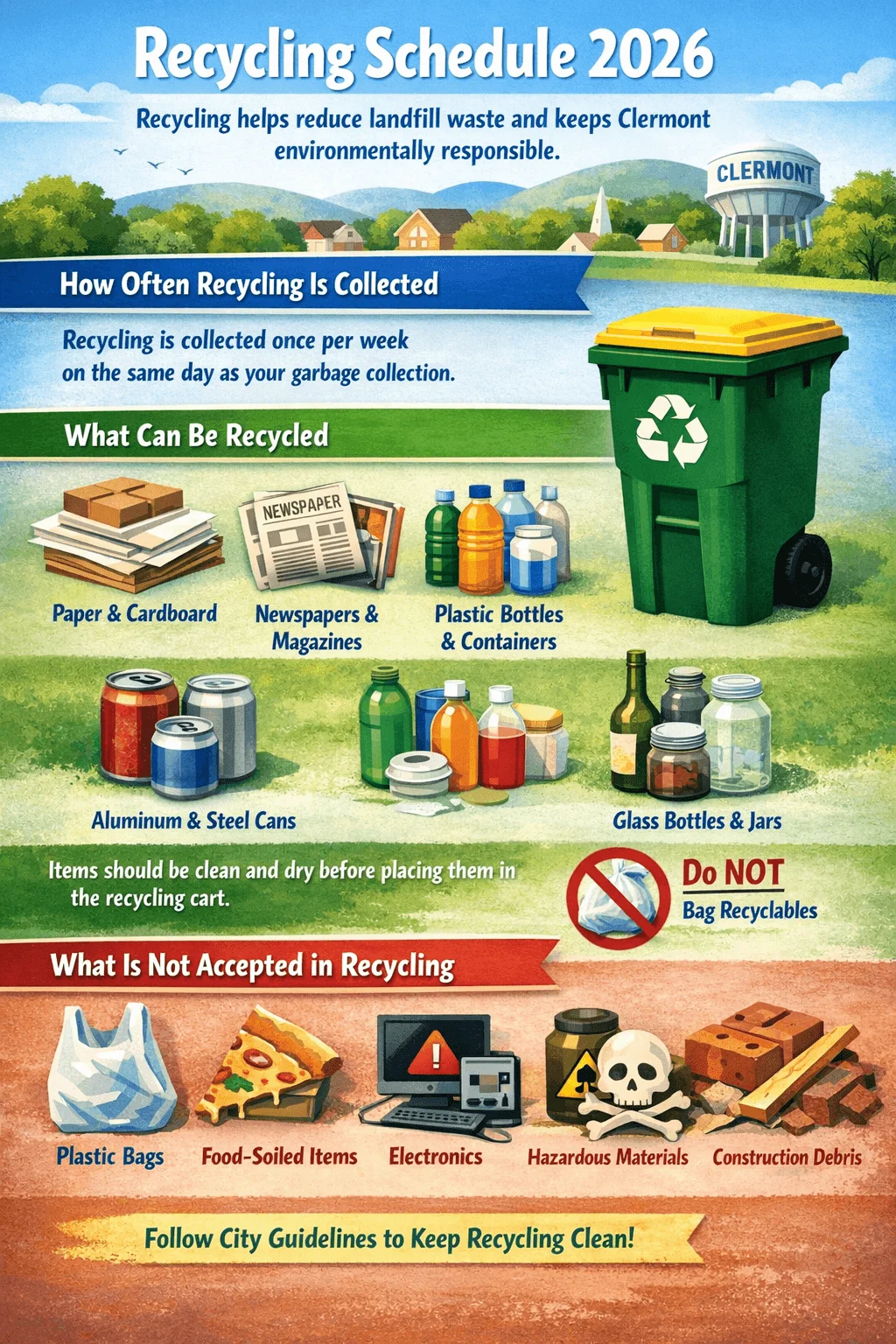 Poster for 2026 recycling schedule showing recycling collected once per week on the same day as garbage in Clermont with accepted items including paper and cardboard newspapers and magazines plastic bottles and containers aluminum and steel cans and glass bottles and jars instructions to keep items clean and dry and not bag recyclables and a list of non accepted items such as plastic bags food soiled materials electronics hazardous materials and construction debris.