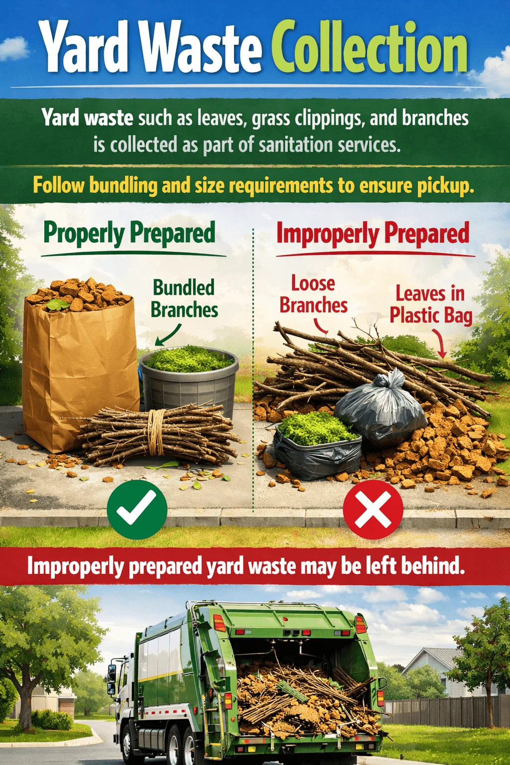 Poster titled “Yard Waste Collection” explaining that yard waste like leaves grass clippings and branches is collected with sanitation services and to follow bundling and size rules showing properly prepared yard waste with bundled branches and containerized clippings versus improperly prepared loose branches and leaves in plastic bags warning that improperly prepared yard waste may be left behind with an image of a garbage truck collecting bundled yard debris.