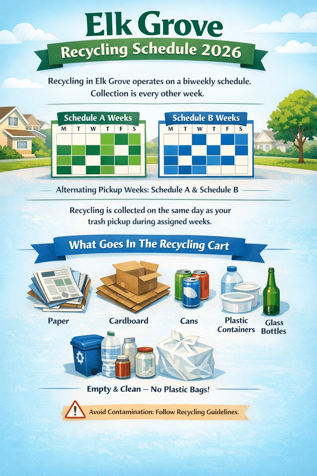 Infographic titled Elk Grove Recycling Schedule 2026 explaining that recycling operates on a biweekly schedule with collection every other week. It shows Schedule A Weeks and Schedule B Weeks calendars with alternating pickup weeks and notes that recycling is collected on the same day as trash during assigned weeks. A section labeled What Goes In The Recycling Cart lists paper, cardboard, cans, plastic containers, and glass bottles. It also states Empty and Clean No Plastic Bags and includes a reminder to avoid contamination by following recycling guidelines.
