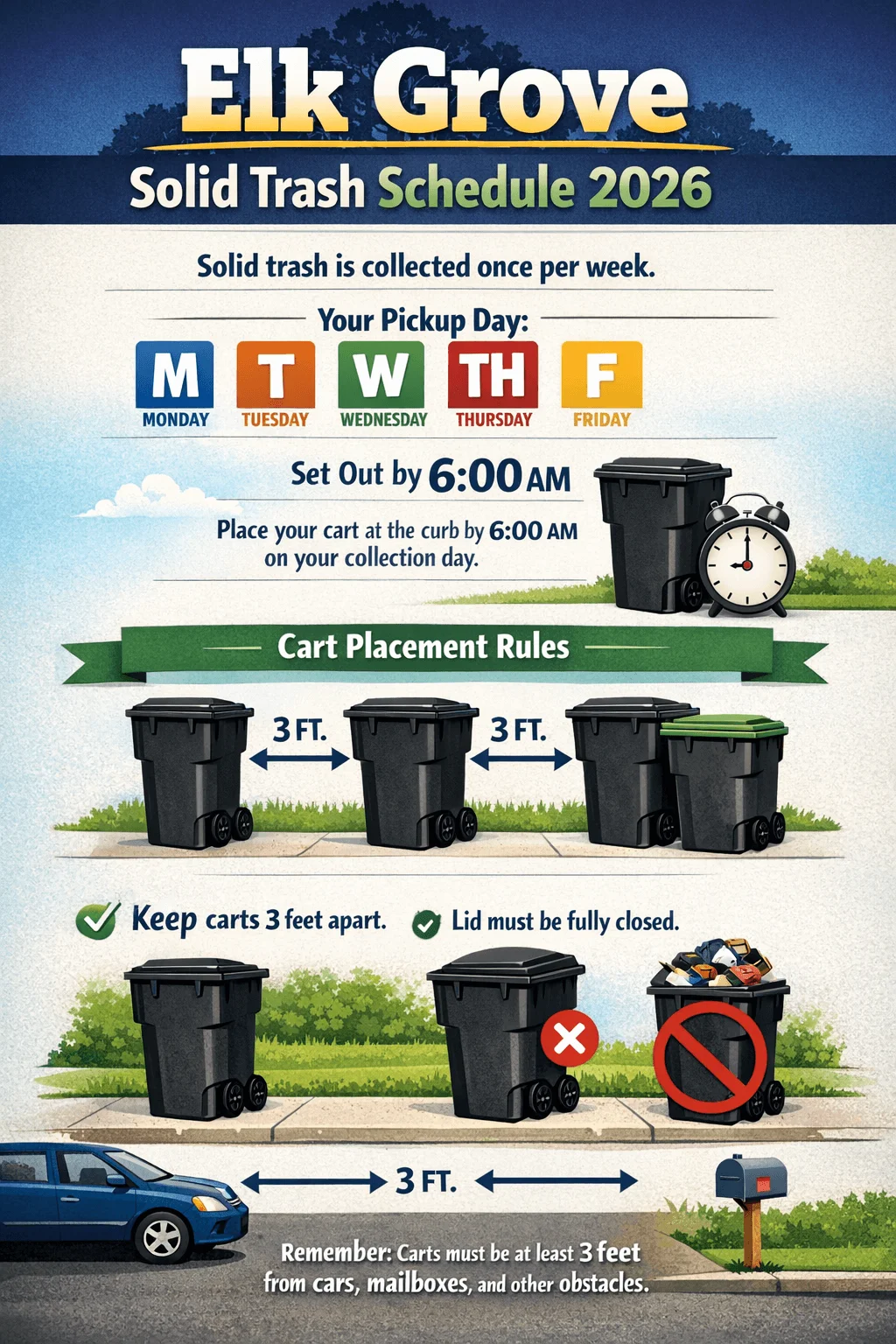 Illustrated infographic titled Elk Grove Solid Trash Schedule 2026 explaining that solid trash is collected once per week Monday through Friday on the assigned pickup day. Residents must set carts out by 6:00 AM on collection day. Cart placement rules require keeping carts three feet apart and at least three feet away from cars, mailboxes, and other obstacles. Lids must be fully closed with all trash inside the cart. The design features labeled weekday icons, trash carts spaced three feet apart, a clock showing 6:00 AM, a car, and a mailbox.