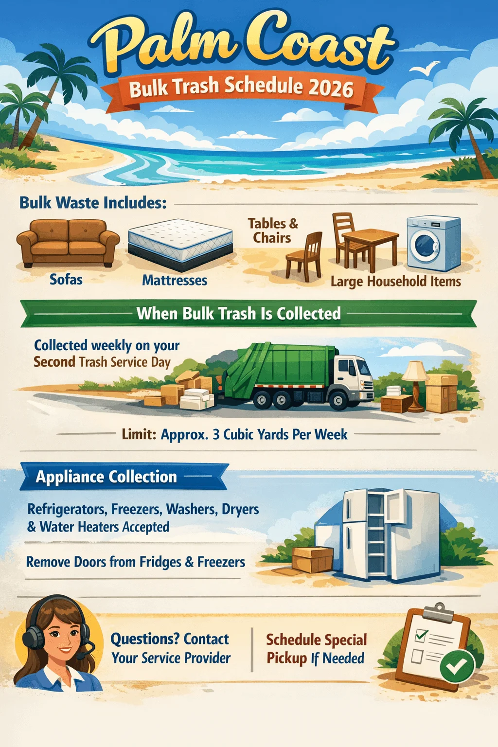 Illustrated infographic titled Palm Coast Bulk Trash Schedule 2026 showing that bulk waste includes sofas, mattresses, tables and chairs, and large household items such as appliances. It explains that bulk trash is collected weekly on the second trash service day with a limit of approximately three cubic yards per week. Appliance collection accepts refrigerators, freezers, washers, dryers, and water heaters and instructs residents to remove doors from fridges and freezers. The design features a beach background with palm trees, a garbage truck, furniture, appliances, and contact information for scheduling special pickup if needed.