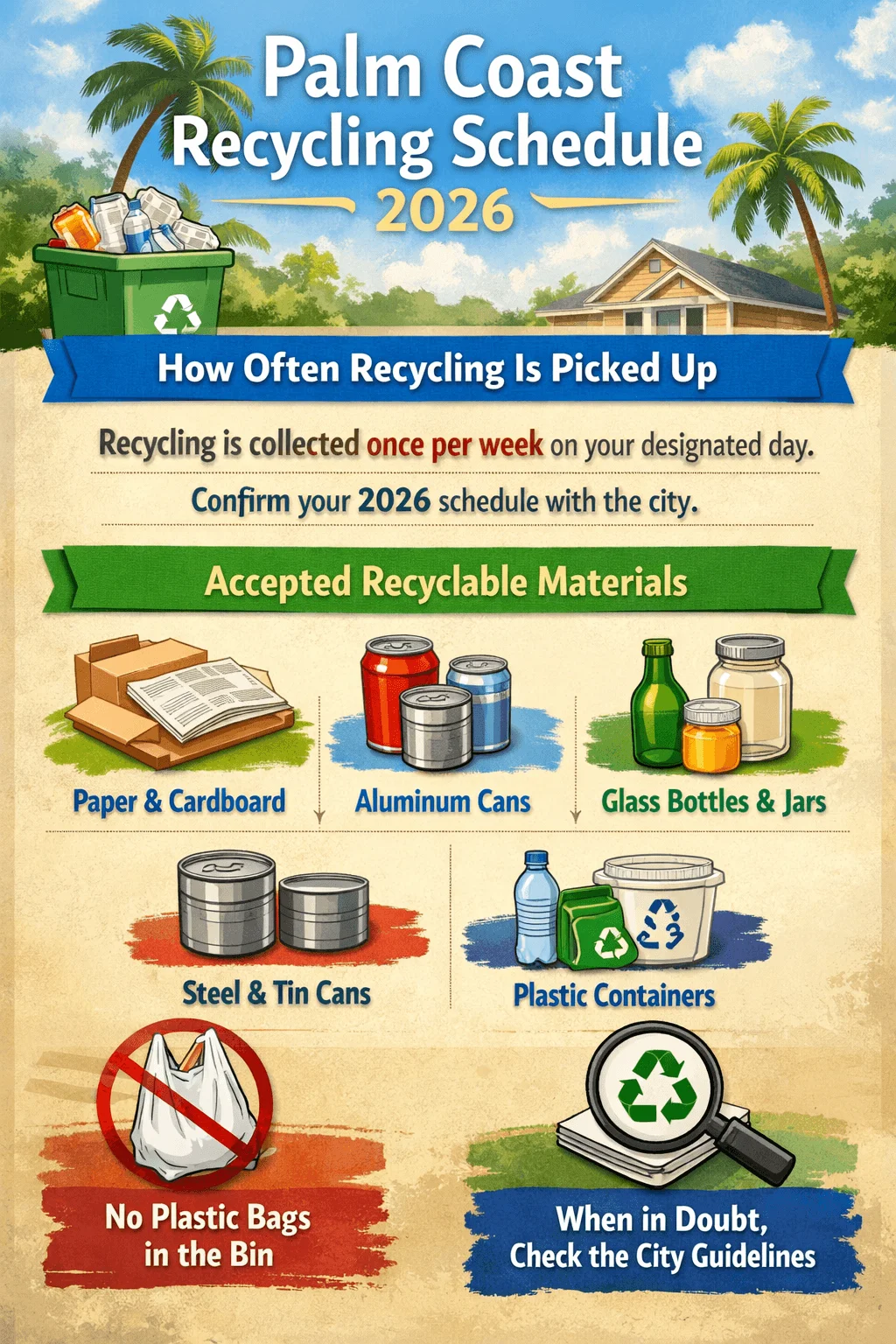 Illustrated infographic titled Palm Coast Recycling Schedule 2026 explaining that recycling is collected once per week on the designated day and to confirm the 2026 schedule with the city. It lists accepted recyclable materials including paper and cardboard, aluminum cans, glass bottles and jars, steel and tin cans, and plastic containers. It also states no plastic bags in the bin and advises to check city guidelines when in doubt. The design features a green recycling bin, palm trees, a house, and illustrated examples of recyclable items.