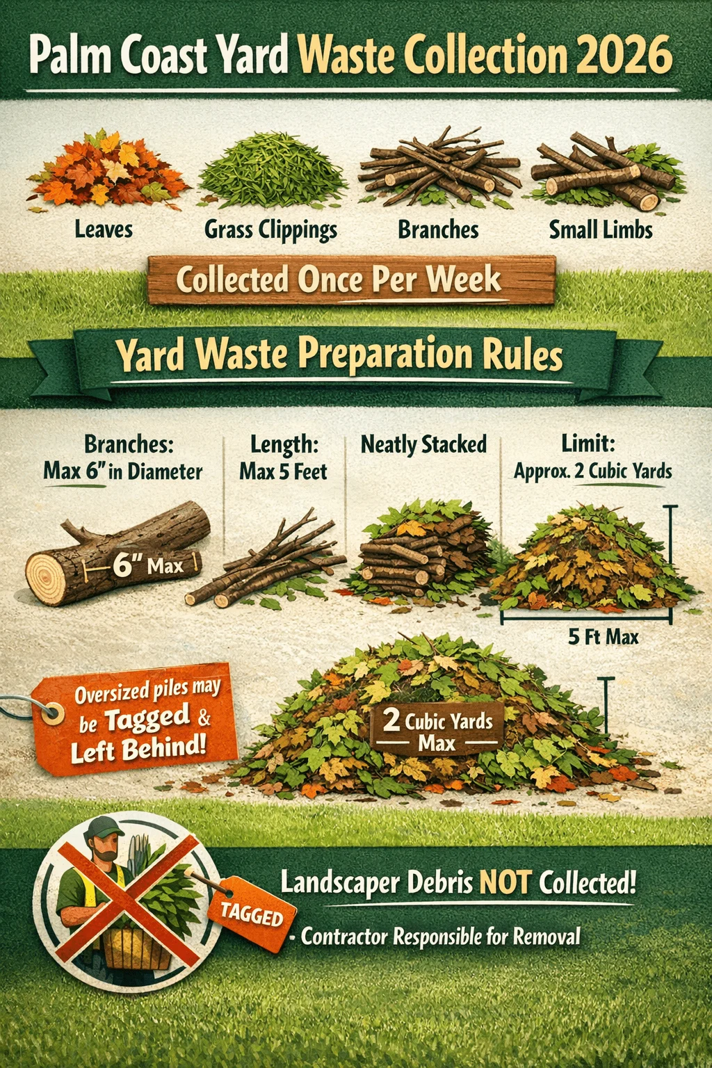 Illustrated infographic titled Palm Coast Yard Waste Collection 2026 showing that leaves, grass clippings, branches, and small limbs are collected once per week. Yard waste preparation rules state branches must be no more than six inches in diameter and five feet in length, neatly stacked, with a limit of approximately two cubic yards per pickup. Oversized piles may be tagged and left behind. The graphic also notes that landscaper debris is not collected and the contractor is responsible for removal.