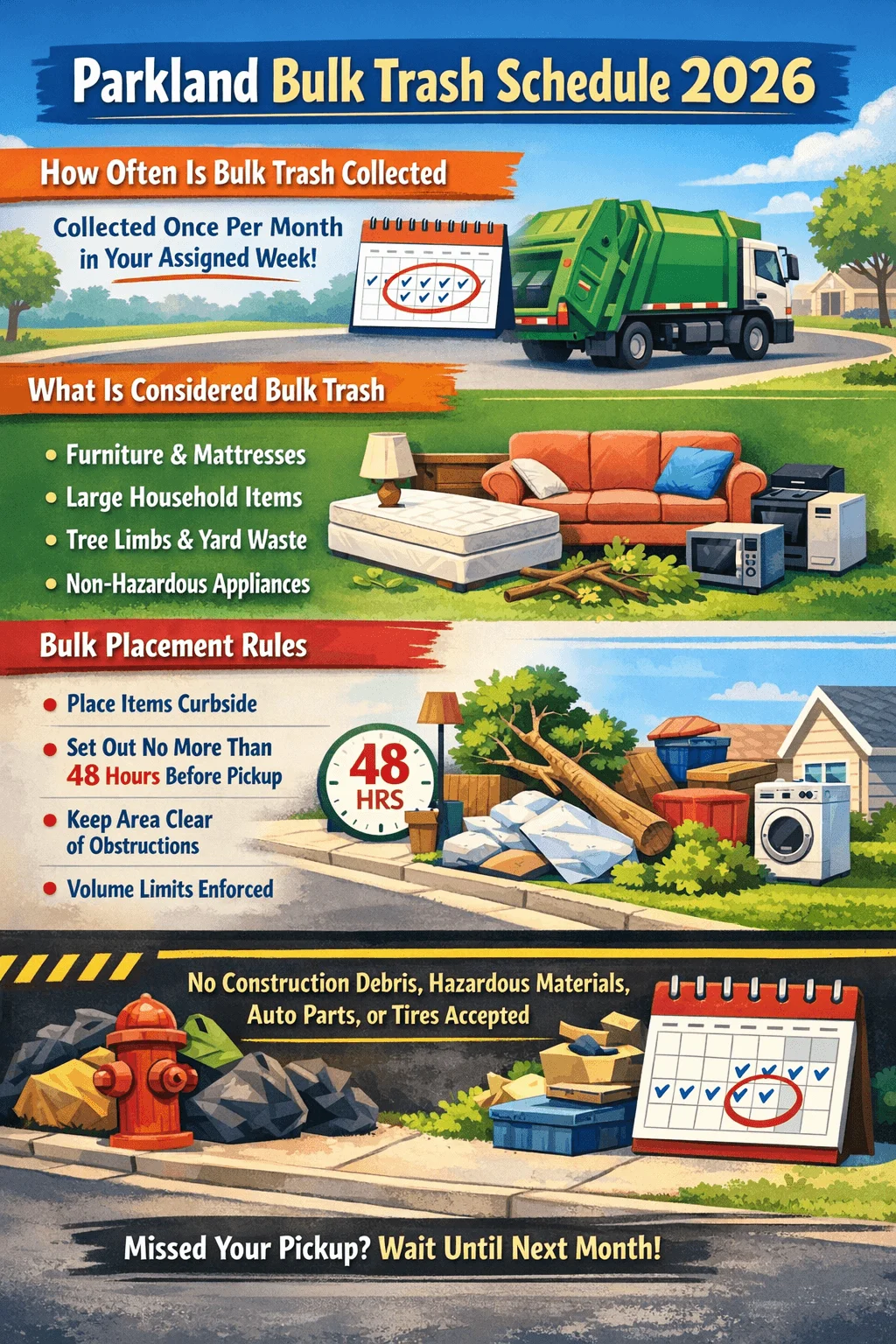 Poster titled “Parkland Bulk Trash Schedule 2026” explaining that bulk trash is collected once per month during the assigned week. Illustrations show examples of bulk items such as furniture, mattresses, large household items, tree limbs, yard waste, and non-hazardous appliances. Placement rules include setting items curbside no more than 48 hours before pickup, keeping the area clear, and following volume limits. A note states that construction debris, hazardous materials, auto parts, and tires are not accepted, and missed pickups must wait until the next month.