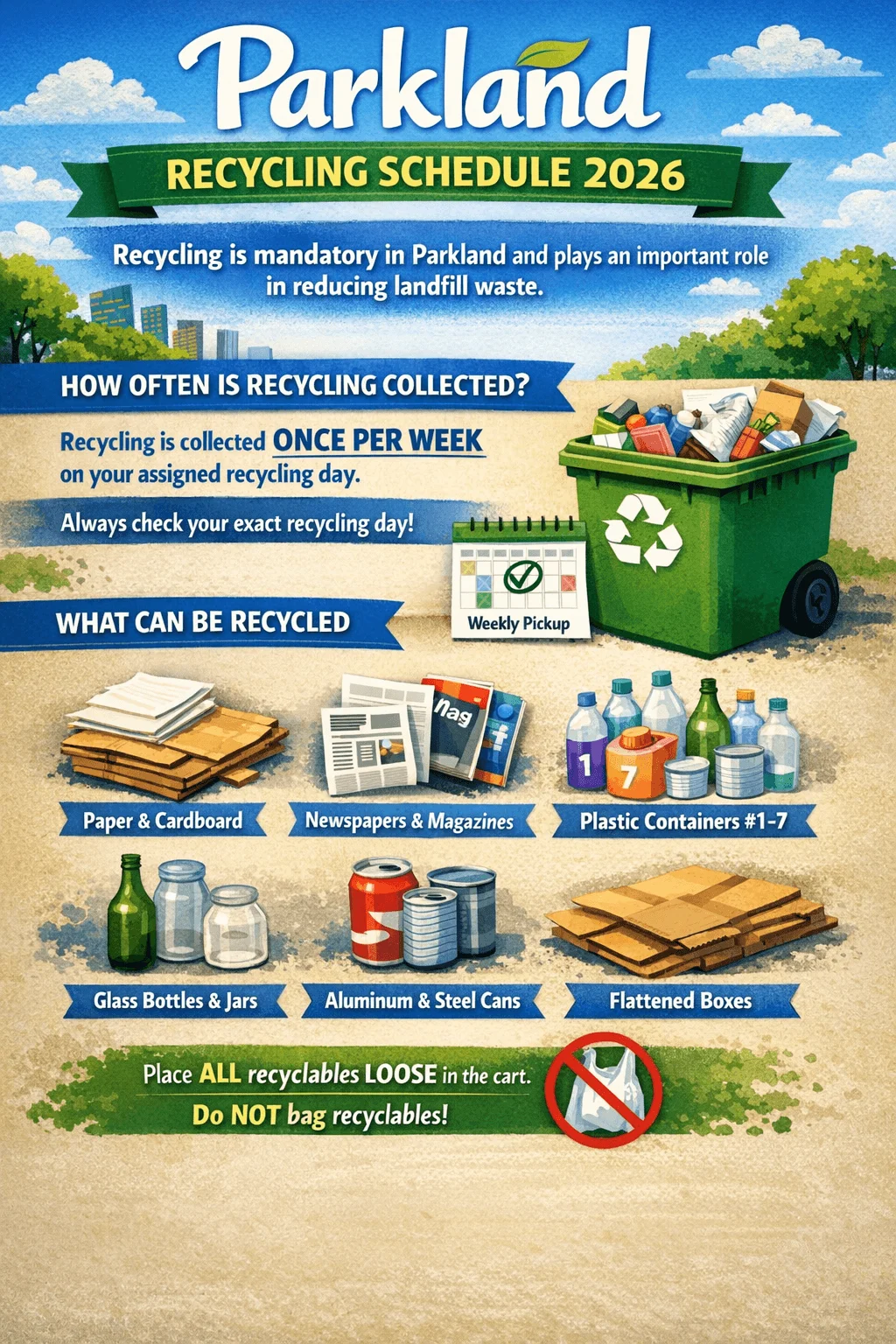 Poster titled “Parkland Recycling Schedule 2026” stating recycling is mandatory and collected once per week on the assigned day. Illustrations show a green recycling bin and a calendar labeled weekly pickup. Accepted items include paper and cardboard, newspapers and magazines, plastic containers #1–7, glass bottles and jars, aluminum and steel cans, and flattened boxes. Instruction at bottom says place all recyclables loose in the cart and do not bag recyclables, with a crossed-out plastic bag icon.