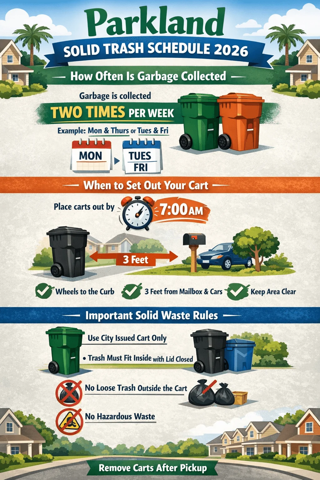 Poster for Parkland titled “Solid Trash Schedule 2026” explaining garbage is collected twice per week on assigned days, carts should be placed out by 7:00 AM with wheels to the curb and 3 feet of clearance from mailboxes and cars, rules require using the city-issued cart with lid closed and no loose trash, and prohibited items include hazardous waste, with a reminder to remove carts after pickup.