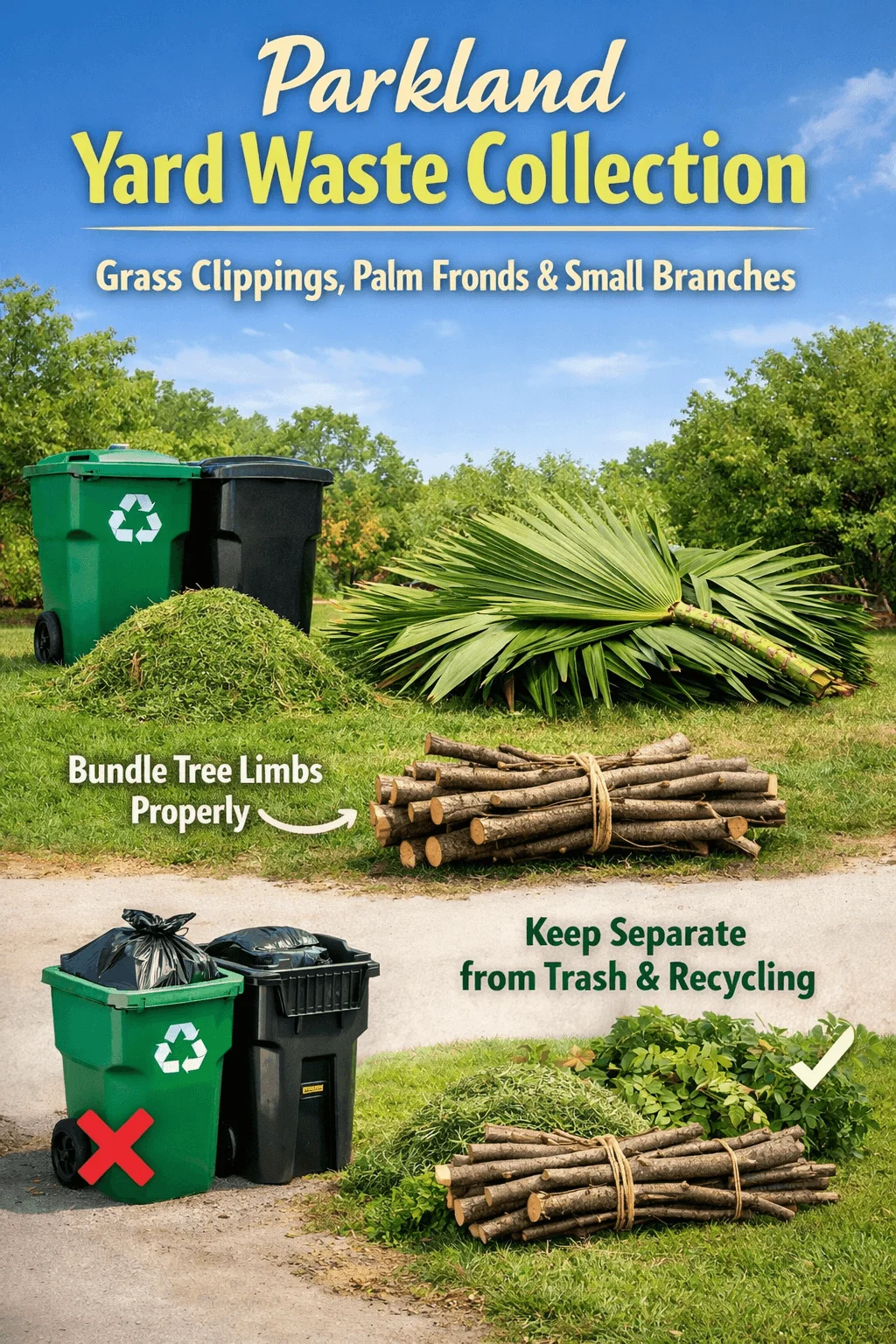 Poster titled “Parkland Yard Waste Collection” showing grass clippings, palm fronds, and small branches. Images illustrate bundling tree limbs properly and keeping yard waste separate from trash and recycling. A crossed-out image shows yard waste placed in trash bins, while a check mark shows bundled branches and loose yard waste set apart on the ground.