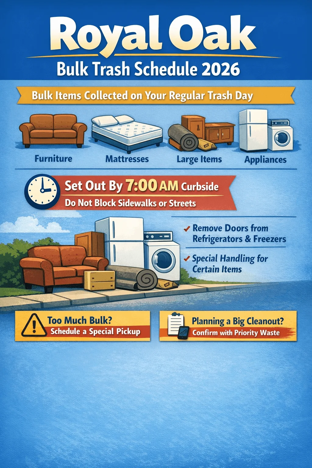 Illustrated infographic titled Royal Oak Bulk Trash Schedule 2026 explaining that bulk items are collected on your regular trash day. Accepted items include furniture, mattresses, large items, and appliances. Residents must set items out by seven am curbside and not block sidewalks or streets. Instructions include removing doors from refrigerators and freezers and noting that certain items require special handling. The graphic also advises scheduling a special pickup for excess bulk and confirming plans with Priority Waste for large cleanouts.