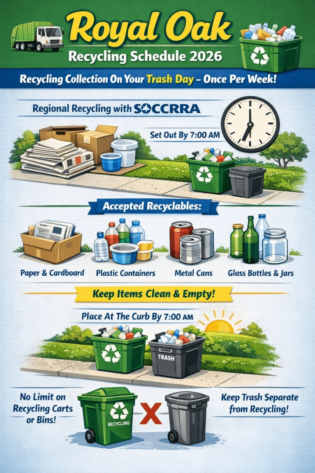Illustrated infographic titled Royal Oak Recycling Schedule 2026 stating that recycling is collected on your trash day once per week through regional recycling with SOCRRA. Residents should set items out by seven am and place carts at the curb by seven am. Accepted recyclables include paper and cardboard, plastic containers, metal cans, and glass bottles and jars. The graphic reminds residents to keep items clean and empty, notes there is no limit on recycling carts or bins, and instructs to keep trash separate from recycling. The design shows recycling carts, bins, bottles, cans, cardboard, and a neighborhood setting with a clock and sunrise.