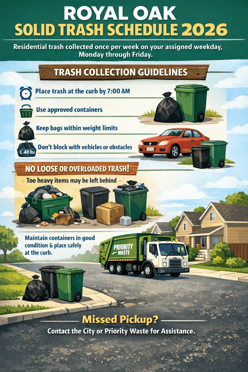 Illustrated infographic titled Royal Oak Solid Trash Schedule 2026 stating that residential trash is collected once per week on the assigned weekday Monday through Friday. Trash collection guidelines include placing trash at the curb by seven am, using approved containers, keeping bags within weight limits, and not blocking access with vehicles or obstacles. It warns no loose or overloaded trash and that heavy items may be left behind. Residents should maintain containers in good condition and place them safely at the curb. A garbage truck labeled Priority Waste, trash bins, bags, and neighborhood homes are shown, along with instructions to contact the city or Priority Waste for missed pickup assistance.