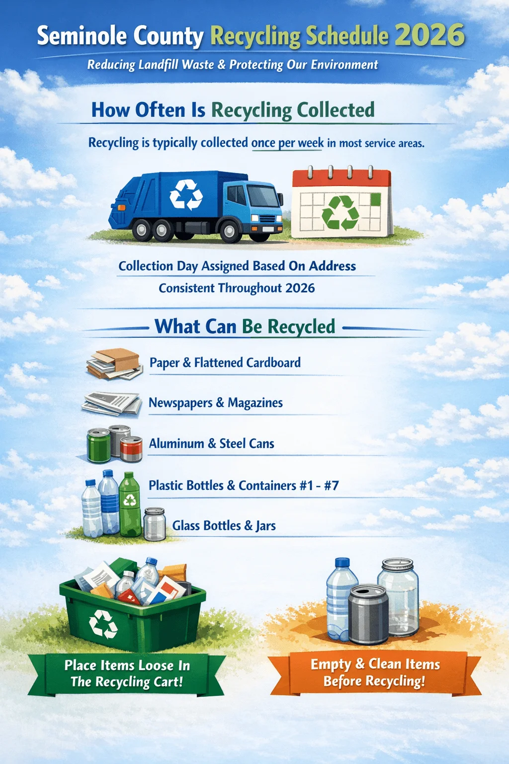Poster for the 2026 recycling schedule in Seminole County showing that recycling is collected once per week with a pickup day based on address, listing accepted items such as paper and flattened cardboard, newspapers and magazines, aluminum and steel cans, plastic bottles and containers #1–#7, and glass bottles and jars, with reminders to place items loose in the cart and ensure they are empty and clean before recycling.