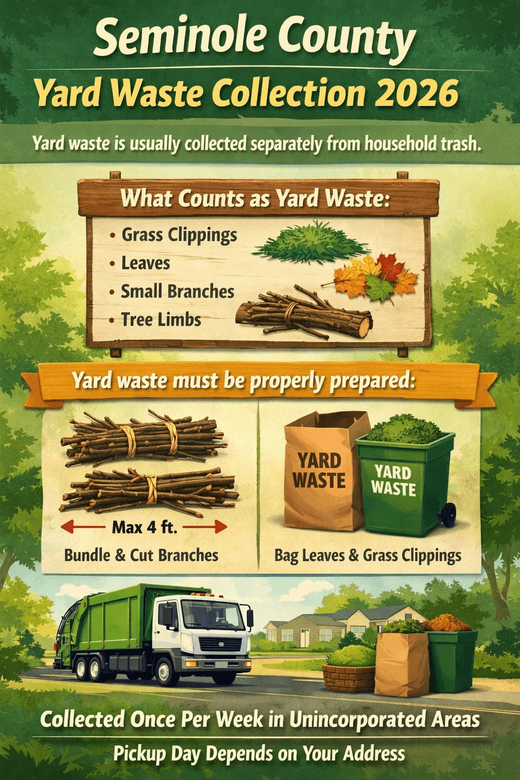 Poster for 2026 yard waste collection in Seminole County explaining that yard waste is collected separately from household trash, listing accepted items such as grass clippings, leaves, small branches, and tree limbs, with preparation instructions to bundle and cut branches to a maximum of 4 feet and bag leaves and grass clippings, noting collection occurs once per week in unincorporated areas and pickup day depends on address.