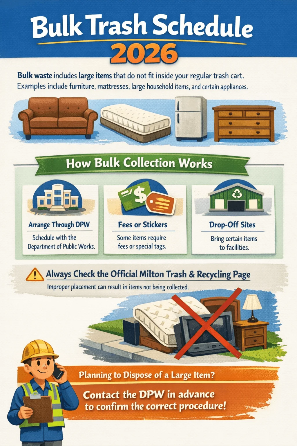 Bulk Trash Schedule 2026 for Milton showing bulk waste guidelines for large items like furniture mattresses and appliances how bulk collection works through DPW scheduling fees or stickers and drop off sites reminder to check the official Milton trash and recycling page and contact the DPW in advance for proper large item disposal