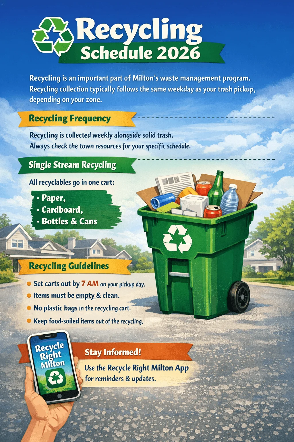 Recycling Schedule 2026 for Milton showing weekly recycling collected on the same weekday as trash single stream recycling for paper cardboard bottles and cans set carts out by 7 AM keep items empty and clean no plastic bags keep food soiled items out and use the Recycle Right Milton app for reminders and updates