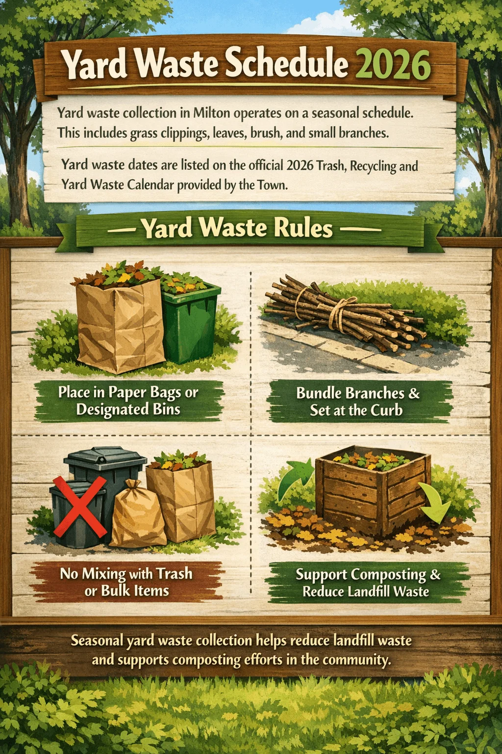 Yard Waste Schedule 2026 for Milton showing seasonal yard waste collection rules including grass clippings leaves brush and small branches place yard waste in paper bags or designated bins bundle branches and set at the curb do not mix with trash or bulk items support composting and reduce landfill waste