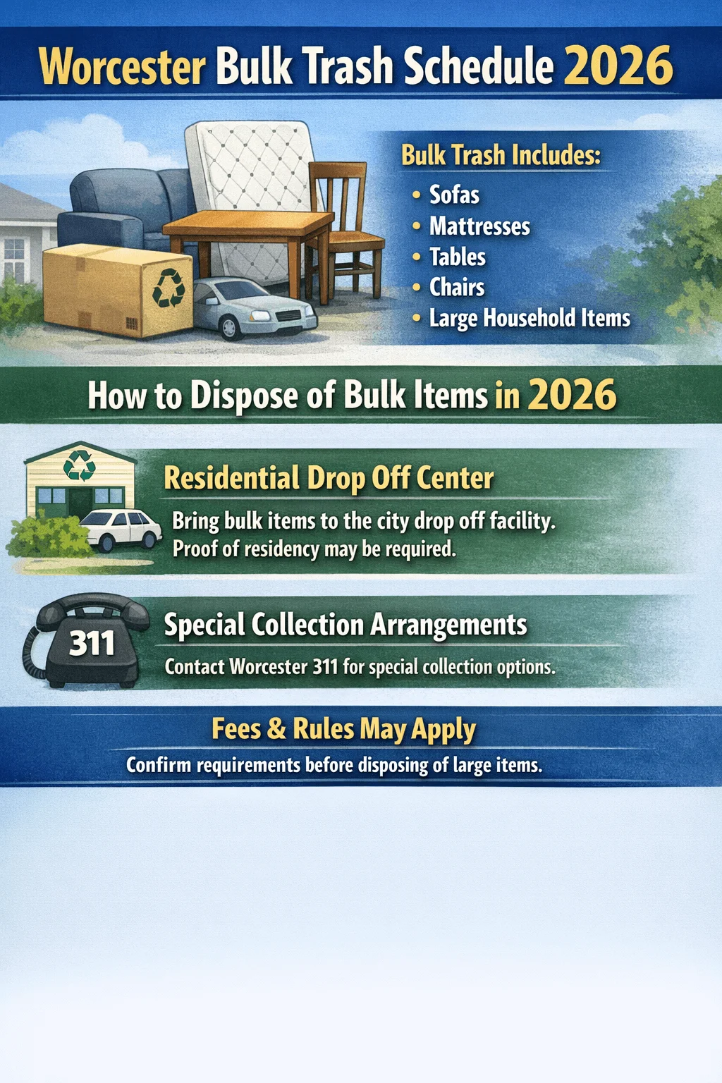 Illustrated infographic titled Worcester Bulk Trash Schedule 2026 listing bulk trash items such as sofas, mattresses, tables, chairs, and large household items. It explains how to dispose of bulk items in 2026 by bringing them to the residential drop off center where proof of residency may be required or by arranging special collection through Worcester 311. The graphic notes that fees and rules may apply and residents should confirm requirements before disposing of large items. The design features furniture, a mattress, a table and chairs, a recycling box, a drop off facility, and a telephone labeled 311.
