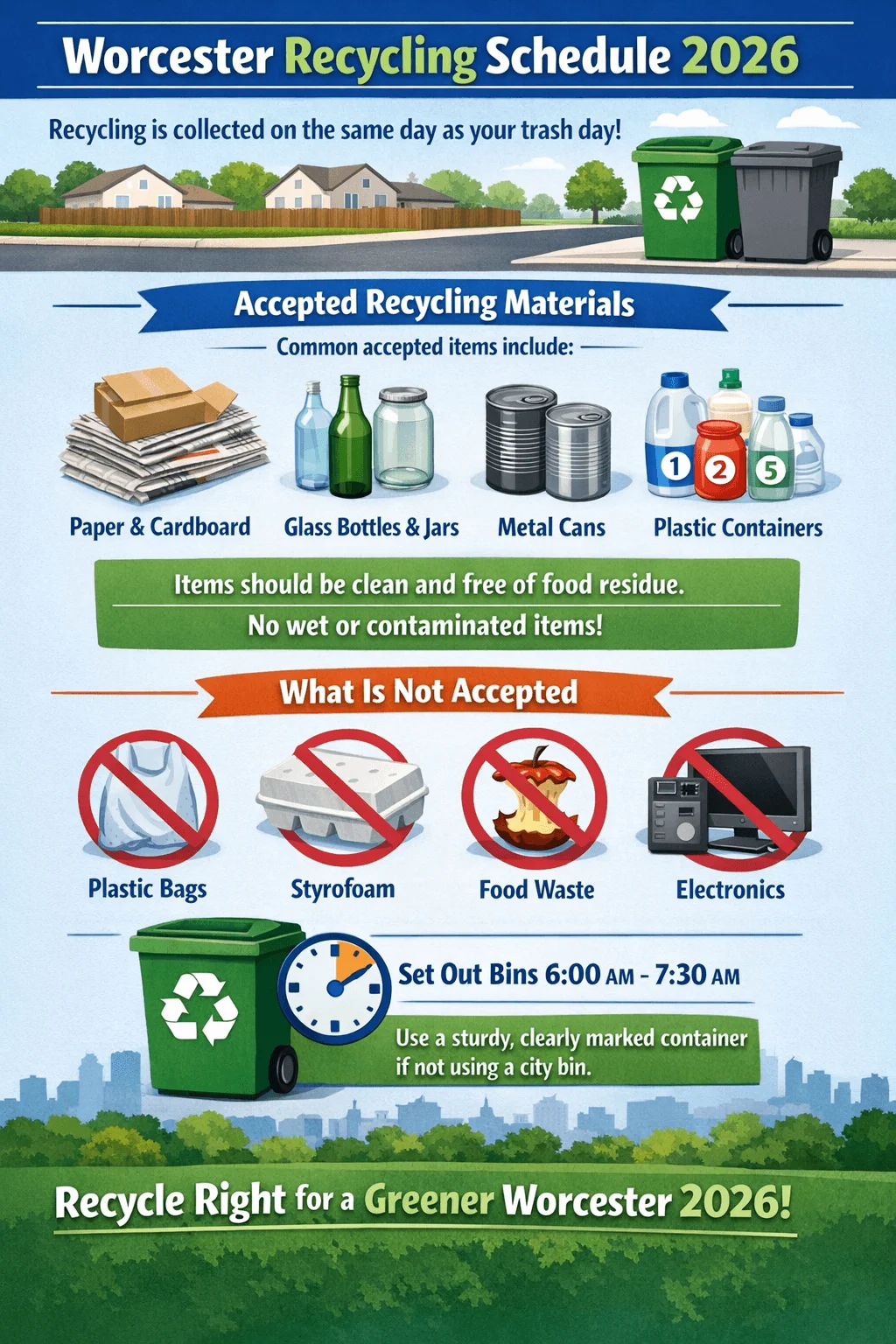 Illustrated infographic titled Worcester Recycling Schedule 2026 stating that recycling is collected on the same day as trash day. Accepted recycling materials include paper and cardboard, glass bottles and jars, metal cans, and plastic containers. Items must be clean and free of food residue with no wet or contaminated materials. Not accepted items include plastic bags, styrofoam, food waste, and electronics. Residents should set out bins between 6:00 AM and 7:30 AM and use a sturdy clearly marked container if not using a city bin. The design features recycling bins, household containers, and a city skyline background.