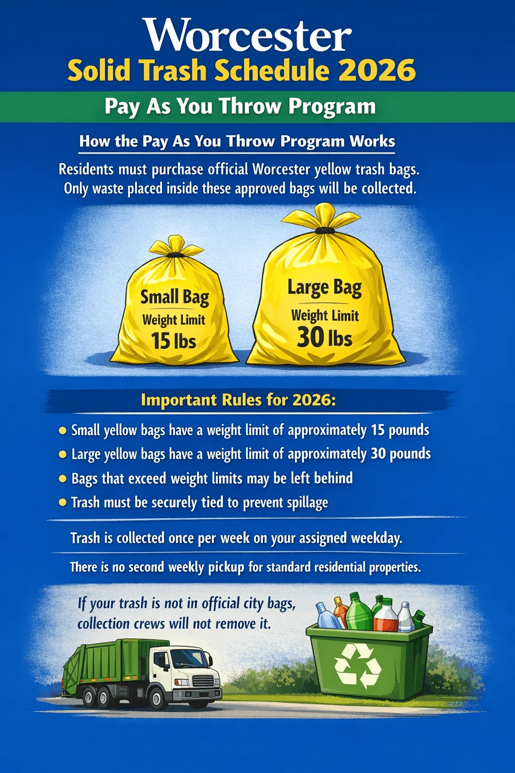 Illustrated infographic titled Worcester Solid Trash Schedule 2026 describing the Pay As You Throw Program. Residents must purchase official Worcester yellow trash bags and only waste placed inside these approved bags will be collected. Small yellow bags have a weight limit of approximately fifteen pounds and large yellow bags have a weight limit of approximately thirty pounds. Bags that exceed weight limits may be left behind and trash must be securely tied to prevent spillage. Trash is collected once per week on the assigned weekday with no second weekly pickup for standard residential properties. If trash is not in official city bags it will not be removed. The design features yellow trash bags, a garbage truck, and a recycling bin.