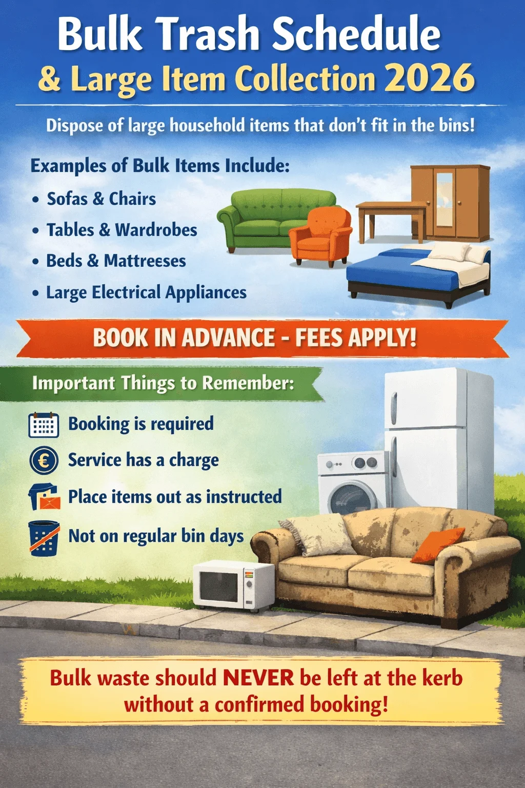A colorful informational poster for the 2026 bulk trash and large item collection showing furniture and appliances such as sofas chairs a table a wardrobe a bed a fridge a washing machine and a microwave with reminders about booking in advance fees applying and not leaving bulk waste at the kerb without confirmation.