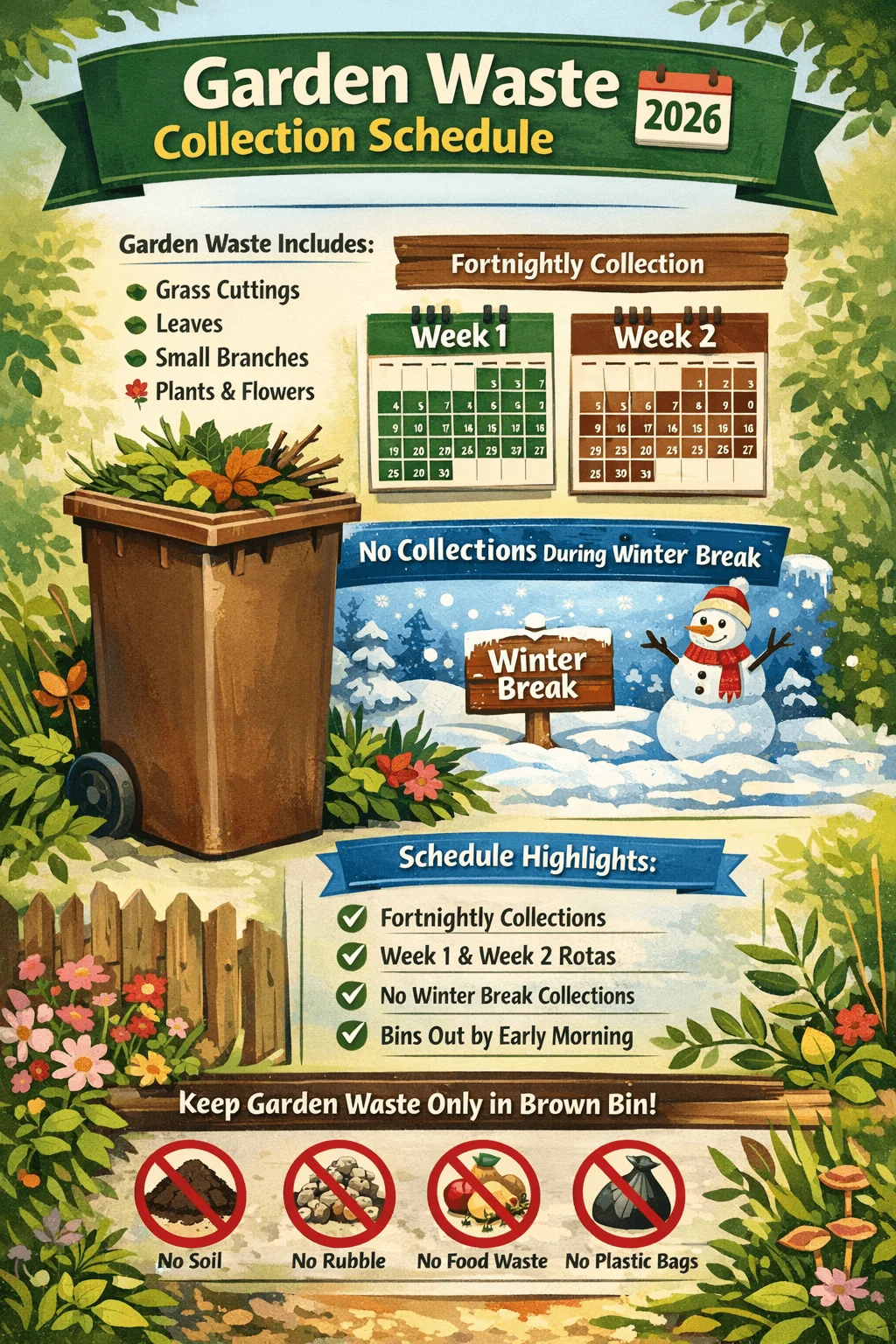 Poster titled Garden Waste Collection Schedule 2026 outlining fortnightly garden waste collection with Week 1 and Week 2 rotas, noting no collections during winter break, listing accepted items such as grass cuttings leaves small branches plants and flowers, reminding residents to put bins out early morning, and stating garden waste must be placed only in the brown bin with no soil rubble food waste or plastic bags.