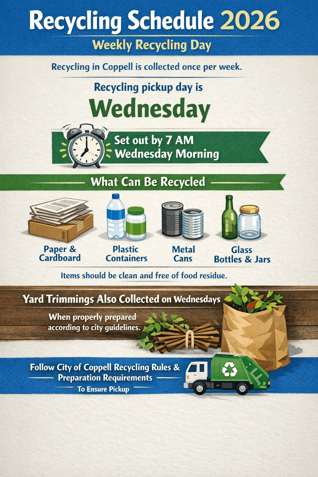 Infographic showing the 2026 recycling schedule for Coppell with weekly pickup on Wednesday, items set out by 7 AM, acceptable recyclables including paper, cardboard, plastic containers, metal cans, glass bottles and jars, and yard trimmings collected on Wednesdays