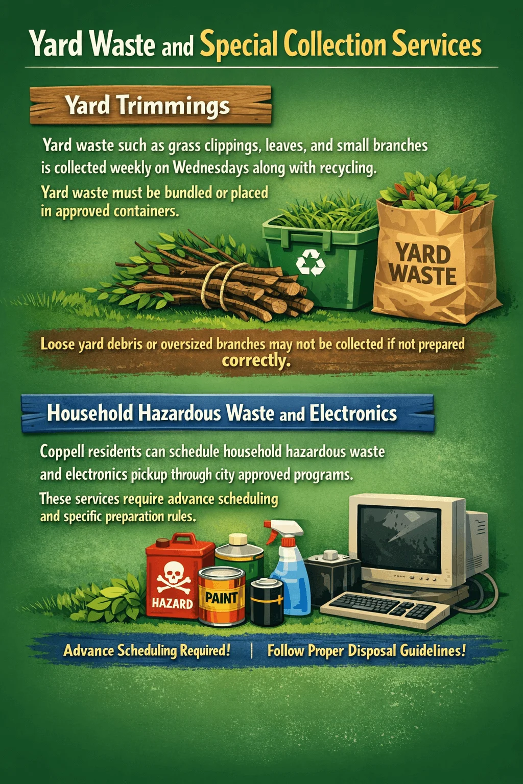 Infographic about yard waste and special collection services in Coppell showing weekly Wednesday yard trimmings collection, bundling and container requirements, and instructions for scheduling household hazardous waste and electronics pickup in advance