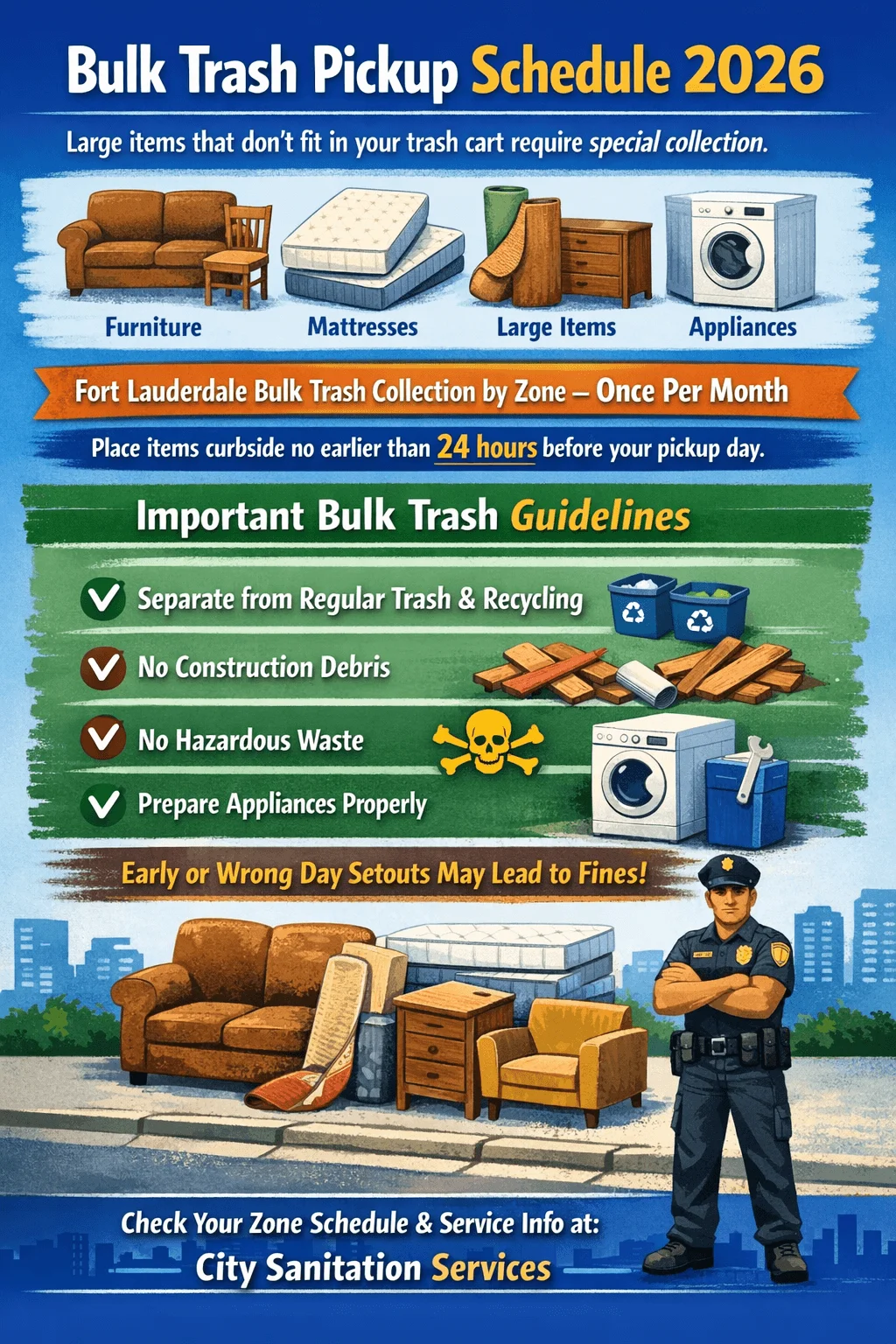 Bulk trash pickup schedule 2026 poster for Fort Lauderdale showing monthly zone based collection guidelines for furniture mattresses large items and appliances with curbside rules and safety warnings