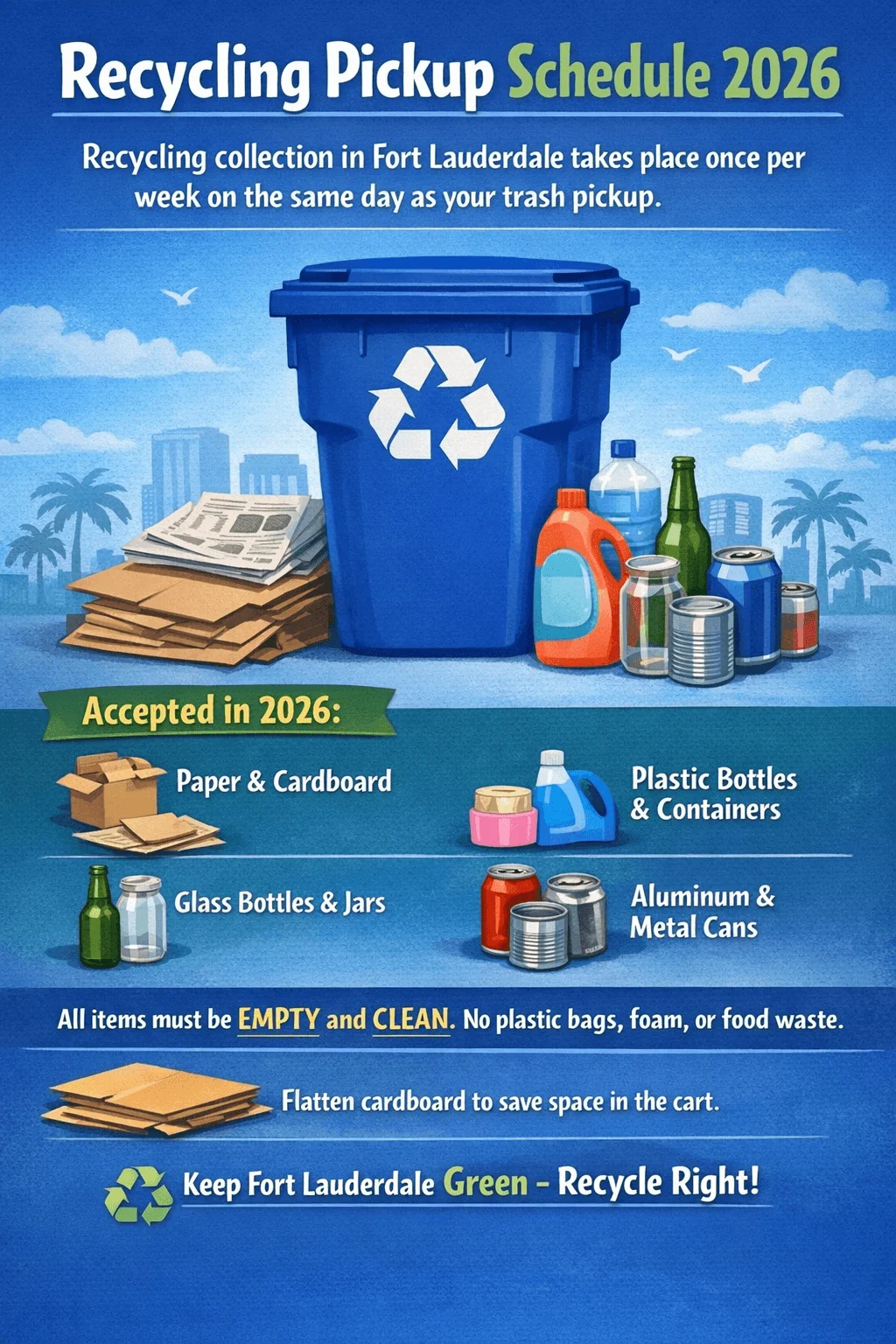 Recycling pickup schedule 2026 poster for Fort Lauderdale showing weekly collection on the same day as trash and listing accepted items including paper cardboard plastic bottles glass jars and metal cans with a blue recycling bin displayed