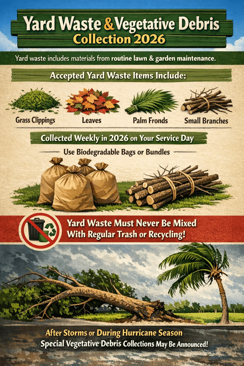 Yard waste and vegetative debris collection 2026 poster showing accepted items like grass clippings leaves palm fronds and small branches with weekly service day guidelines and storm debris notes