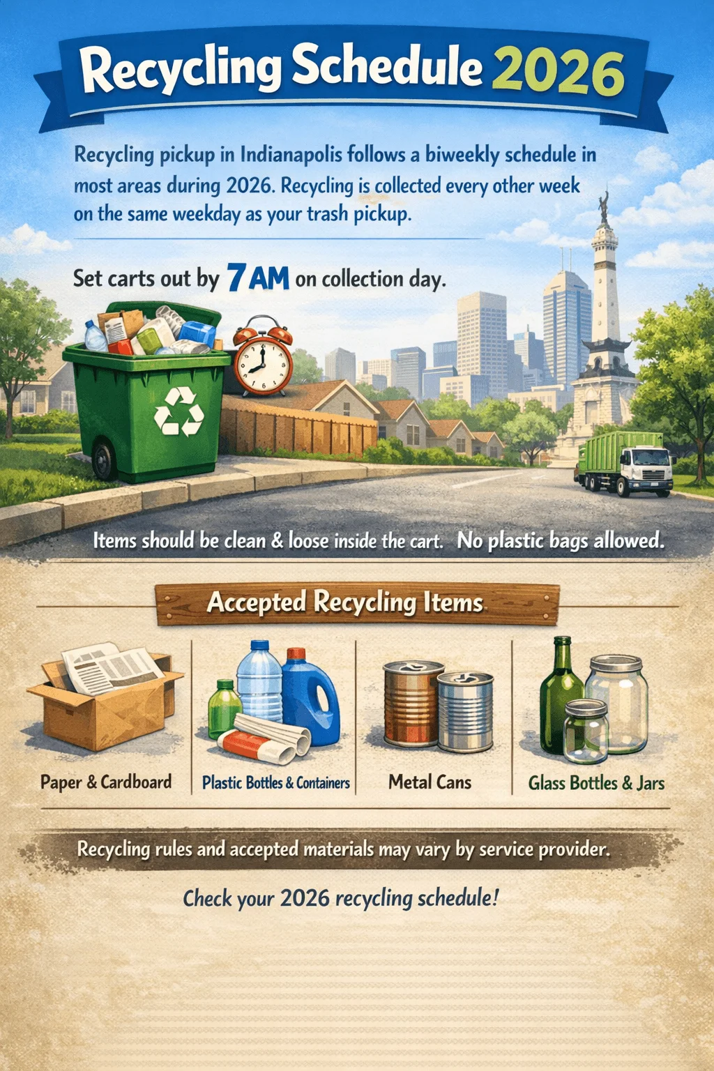 Recycling schedule 2026 poster for Indianapolis showing biweekly pickup, cart placement time, accepted materials, and recycling rules