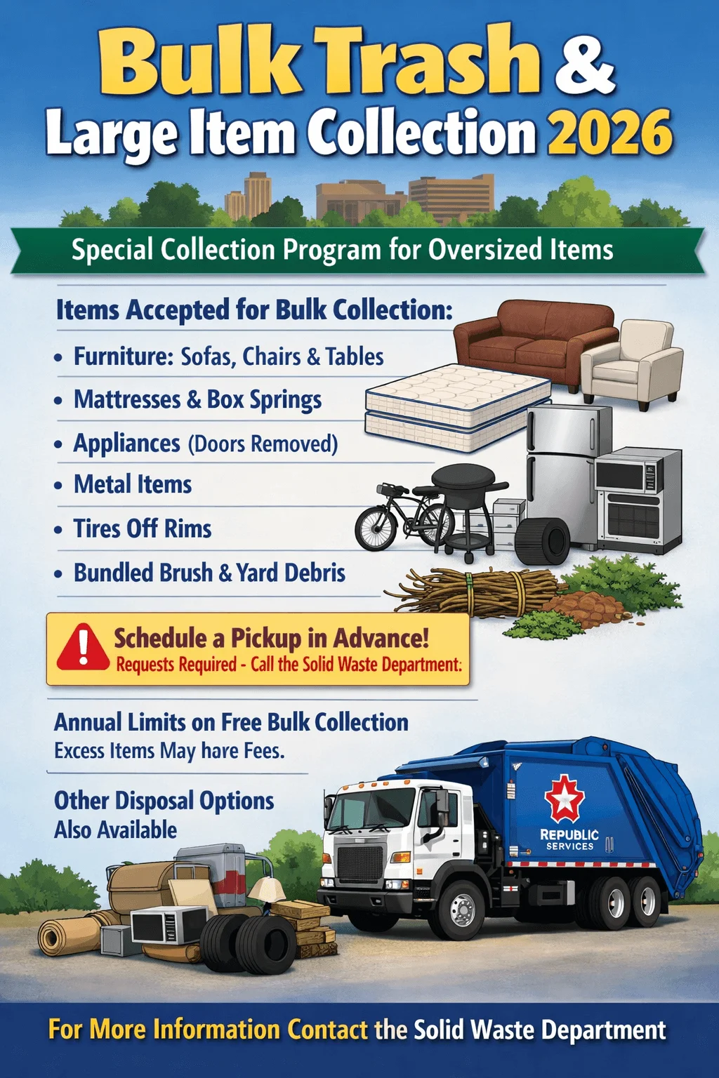 Poster titled Bulk Trash and Large Item Collection 2026 describing a special collection program for oversized items in Nashua, listing accepted items such as furniture, mattresses and box springs, appliances with doors removed, metal items, tires off rims, and bundled brush and yard debris, with a reminder to schedule pickup in advance, notes about annual free collection limits and possible fees, and an illustration of a garbage truck and various large household items.