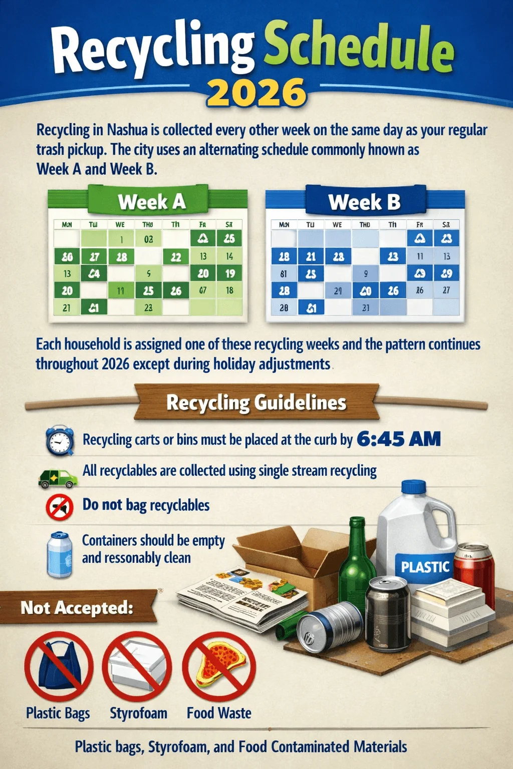Poster titled Recycling Schedule 2026 explaining biweekly recycling collection in Nashua with alternating Week A and Week B calendars, guidelines to place carts at the curb by 6:45 AM, use single stream recycling, avoid bagging recyclables, keep containers empty and clean, and a list of items not accepted including plastic bags, styrofoam, food waste, and food contaminated materials, alongside images of bottles, cans, cardboard, and newspapers.