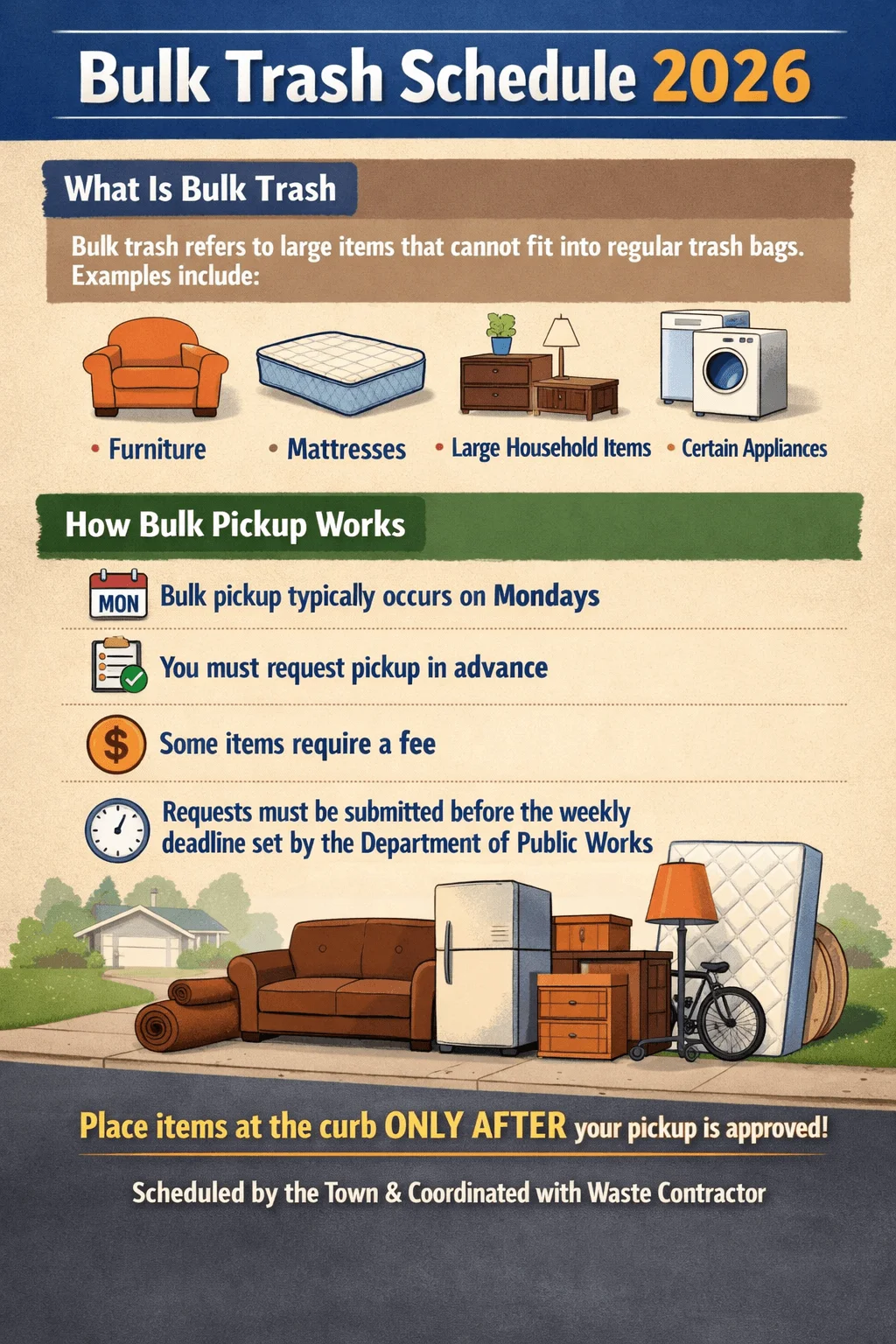 Bulk trash schedule 2026 poster explaining what bulk trash is, how pickup works, required requests, possible fees, and curb placement rules