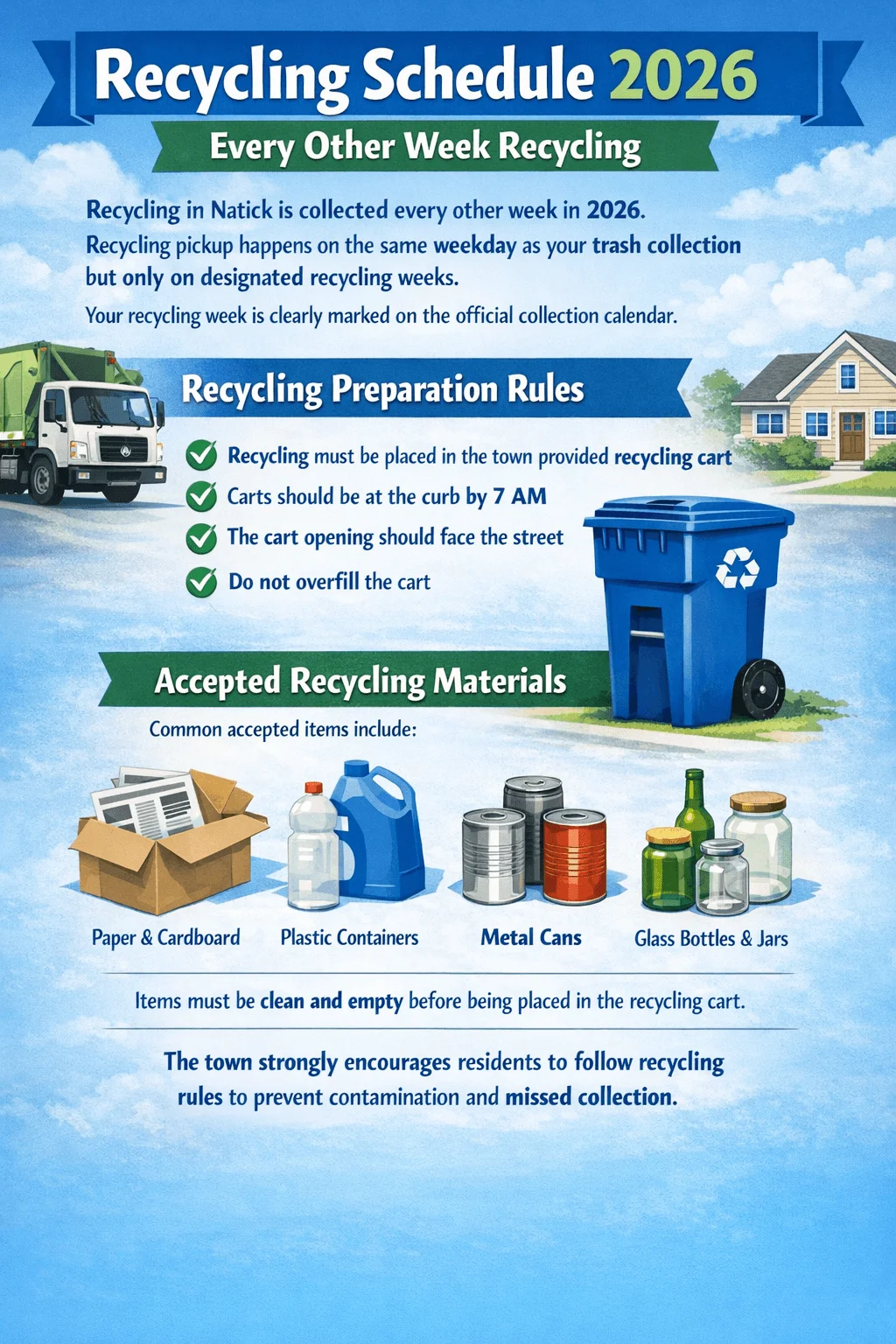 Recycling schedule 2026 poster showing every other week recycling, preparation rules, accepted materials, and a blue recycling cart in a neighborhood setting