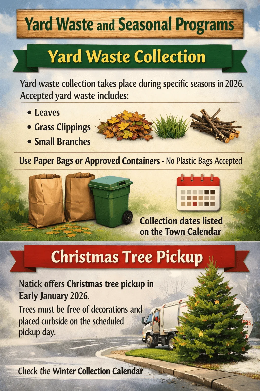 Yard waste and seasonal programs poster showing yard waste collection rules, accepted materials, bag and container requirements, and Christmas tree pickup information
