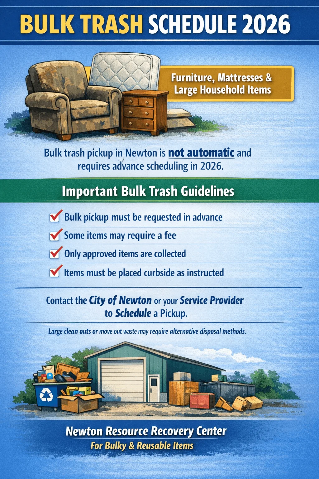 Bulk trash schedule 2026 poster for Newton showing advance scheduling requirements, accepted bulk items, fees, placement rules, and contact information