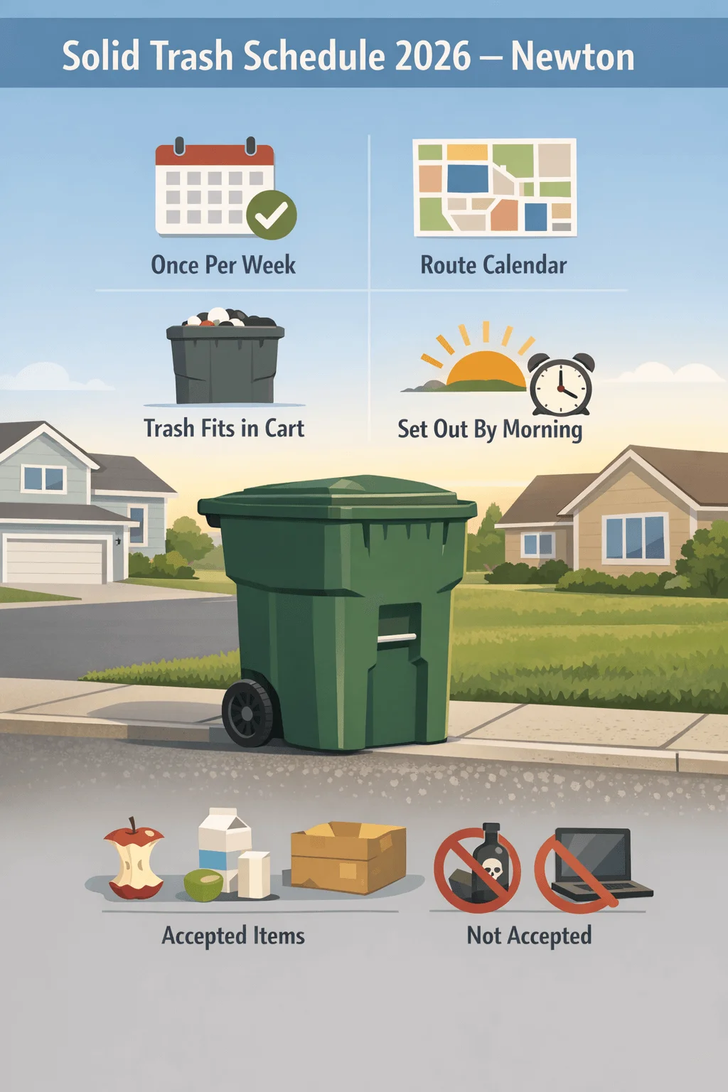 Solid trash schedule 2026 poster for Newton showing weekly pickup, route calendar, set out time, accepted items, and prohibited items