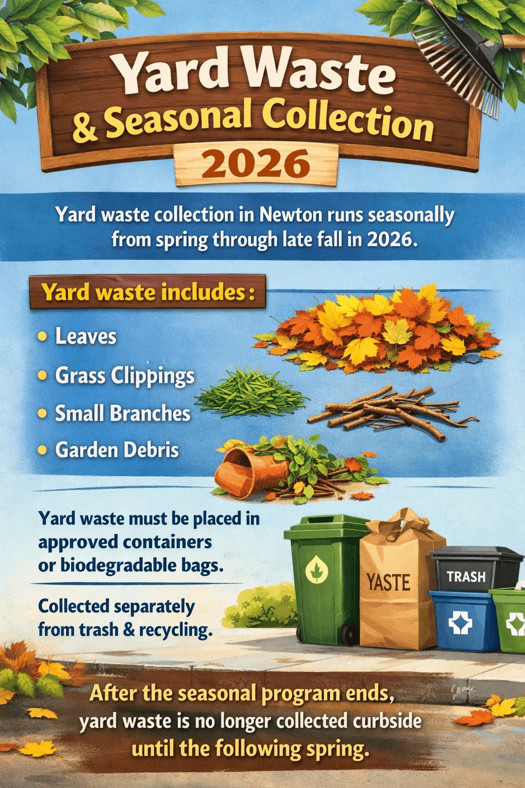 Yard waste and seasonal collection 2026 poster for Newton showing accepted yard materials, container requirements, seasonal pickup period, and separate collection rules